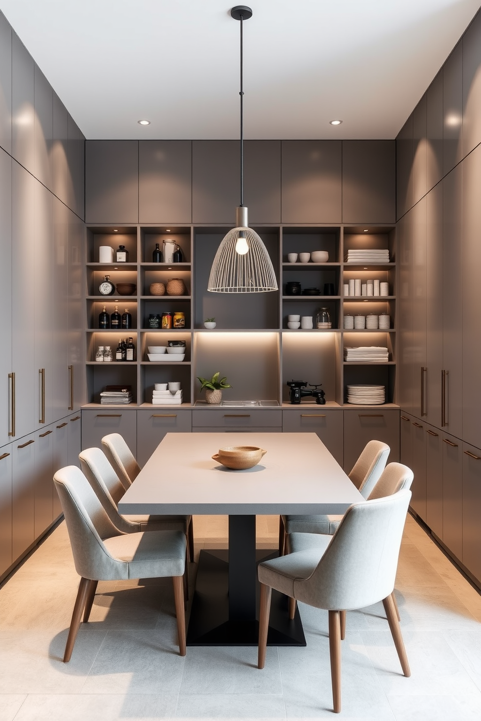 A minimalist dining room pantry features sleek cabinetry with a matte finish and integrated handles. The space is illuminated by soft, recessed lighting that highlights the organized shelves filled with neatly arranged kitchen essentials. A large, rectangular dining table sits at the center, surrounded by simple, upholstered chairs in neutral tones. A statement pendant light hangs above the table, adding a touch of elegance to the understated design.