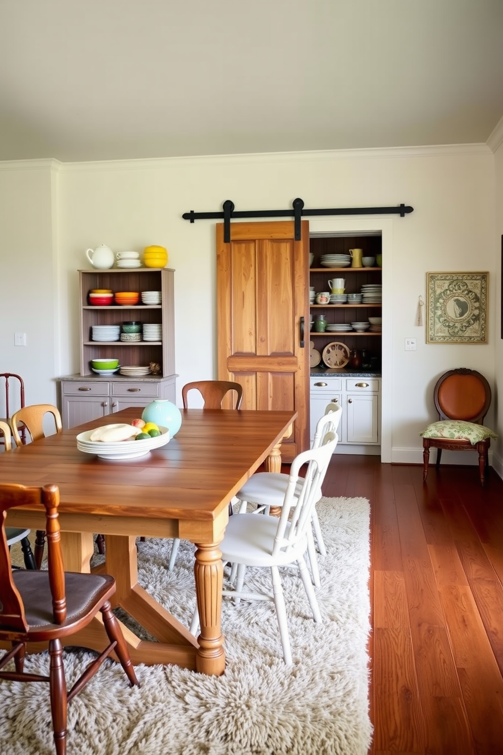 Vintage furniture for a cozy feel. A large wooden dining table with mismatched chairs surrounds the space, complemented by a plush area rug underneath. Dining room pantry design ideas. Open shelving displays colorful dishware, while a sliding barn door adds rustic charm to the pantry entrance.