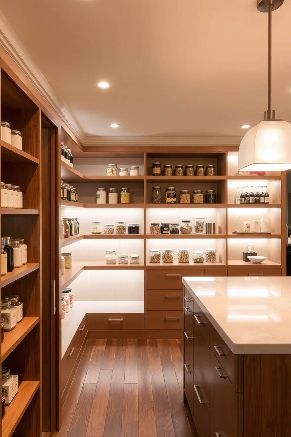 A dining room pantry with integrated lighting creates a warm and inviting atmosphere. The shelves are lined with organized jars and containers, softly illuminated by recessed lighting above. The pantry features a sleek design with open shelving and a central island for additional workspace. Warm wood tones and subtle accent lighting enhance the overall elegance of the space.