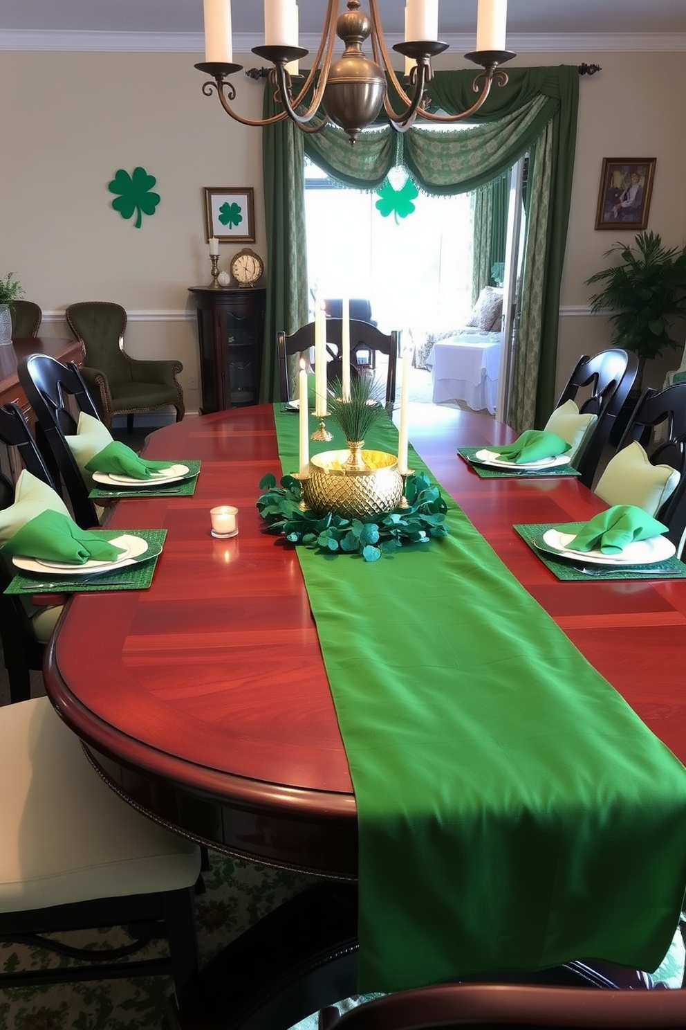 A vibrant dining room setting adorned for St. Patrick's Day features a lush green table runner that elegantly drapes across a polished wooden table. At the center, a golden centerpiece adds a touch of luxury, surrounded by small decorative elements like shamrocks and candles to enhance the festive atmosphere.