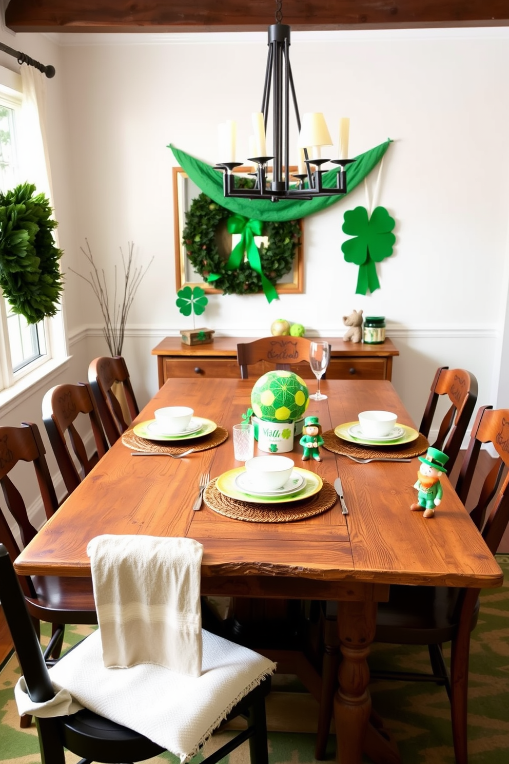 A charming dining room adorned for St. Patrick's Day features a rustic wooden table set for a festive meal. Mini leprechaun figurines are playfully arranged around the table, adding a whimsical touch to the decor.