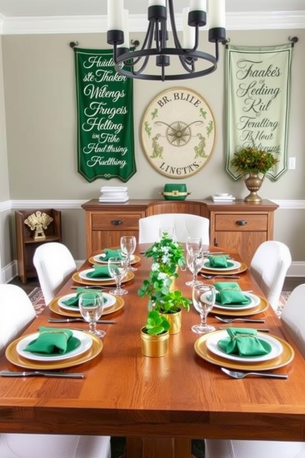 Create a cozy dining room setting for St. Patrick's Day. The walls are adorned with banners featuring traditional Irish sayings in elegant calligraphy. A large wooden dining table is set with green and gold tableware. Fresh shamrocks and small pots of gold coins serve as centerpieces to enhance the festive atmosphere.