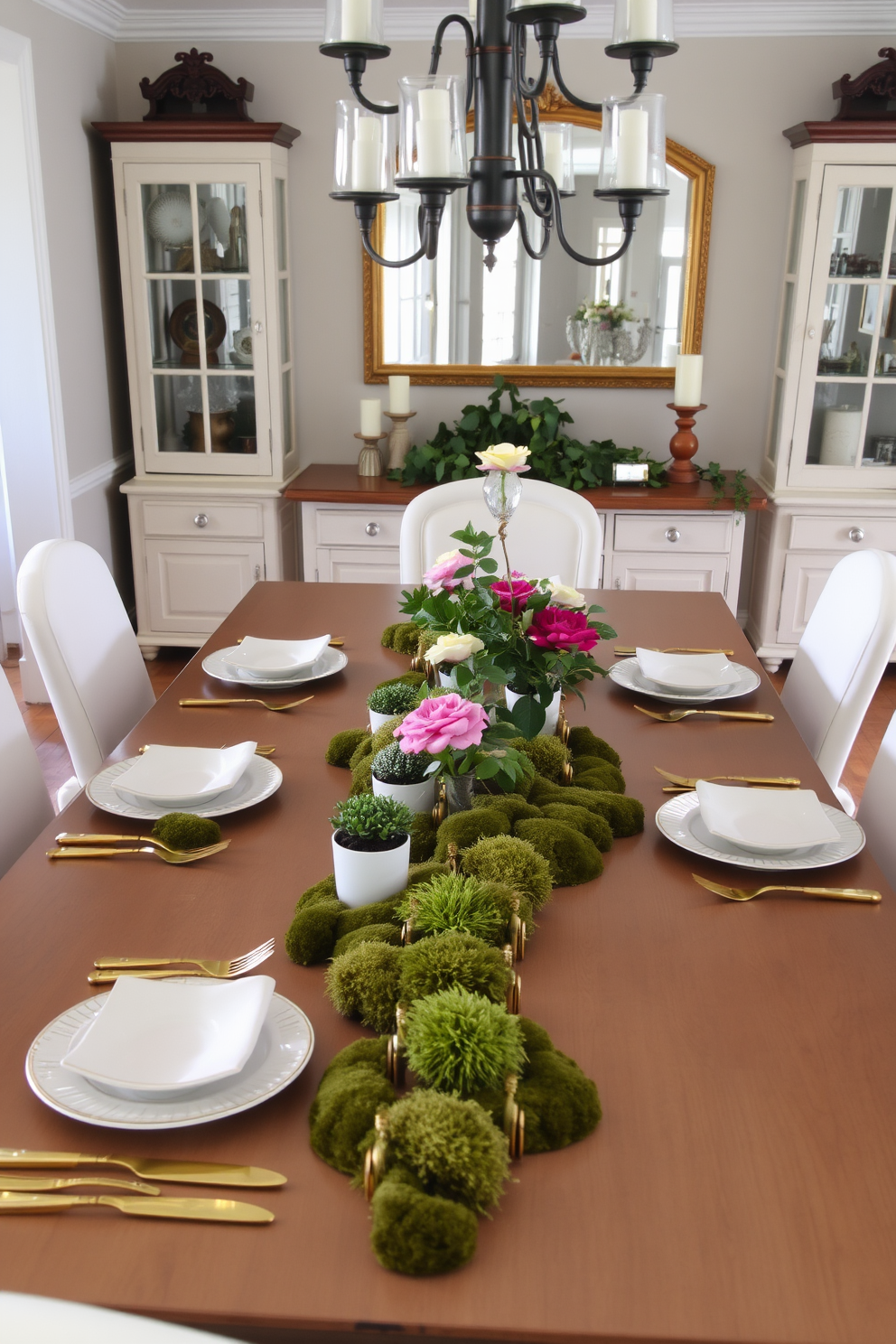 A charming dining room setting adorned with moss and greenery accents on the table. The table is elegantly set with white dinnerware and gold flatware, complemented by small potted plants and fresh flowers as centerpieces.