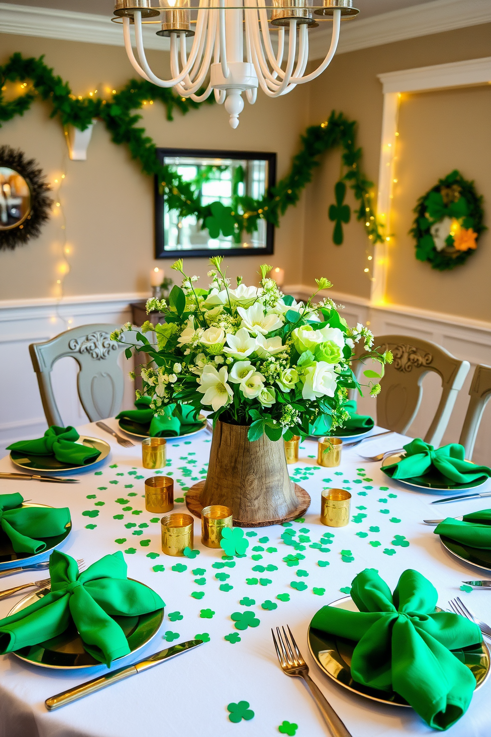 A festive dining room adorned for St. Patrick's Day features a beautifully set table with green and gold accents. The table is scattered with shamrock confetti, small pots of gold, and vibrant green napkins folded elegantly at each place setting. The centerpiece showcases a lush arrangement of fresh white and green flowers in a rustic wooden vase. Surrounding the table, decorations include hanging green garlands and twinkling fairy lights to create a warm and inviting atmosphere.