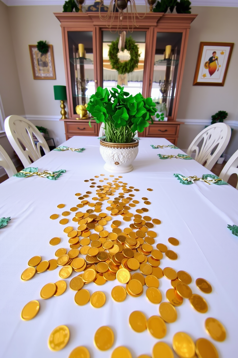 A festive dining room setting for St. Patrick's Day. Gold coins are scattered across a white tablecloth, adding a touch of sparkle to the decor. Green and gold accents are used throughout the room to celebrate the holiday. A centerpiece of shamrocks in a decorative pot complements the shimmering coins on the table.