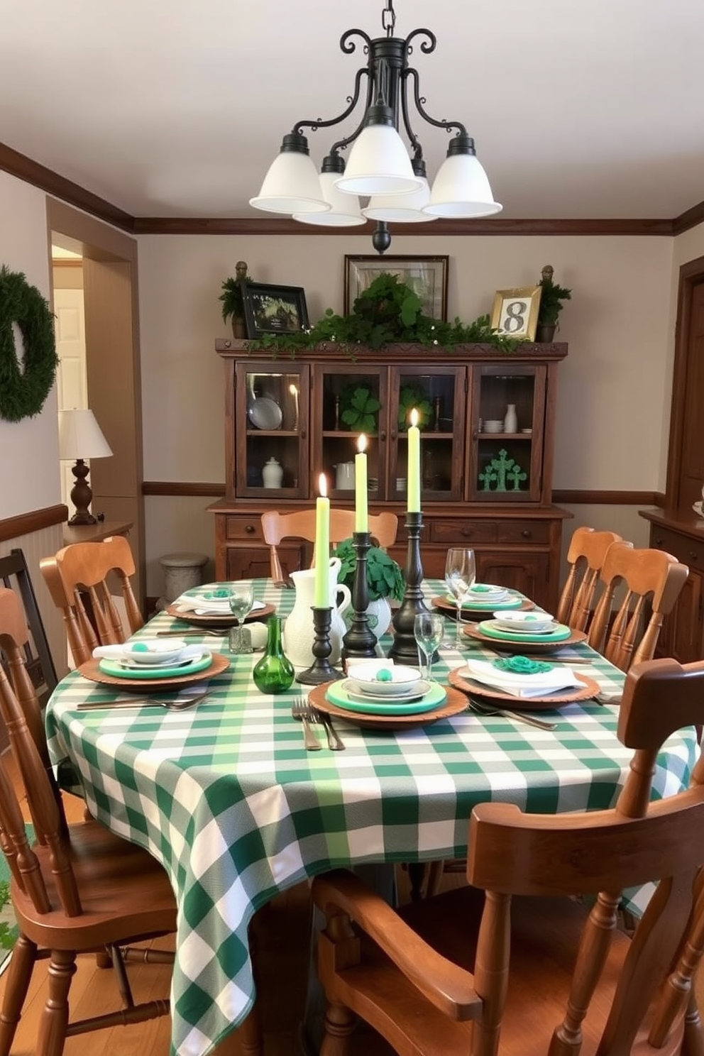 A cozy dining room features plaid table settings that enhance the rustic charm of the space. The table is adorned with a checkered tablecloth in shades of green and cream, complemented by mismatched vintage dishware and natural wood accents. For St. Patrick's Day, the room is decorated with festive touches such as shamrock centerpieces and green candles. Soft lighting creates an inviting atmosphere, perfect for gathering with friends and family.