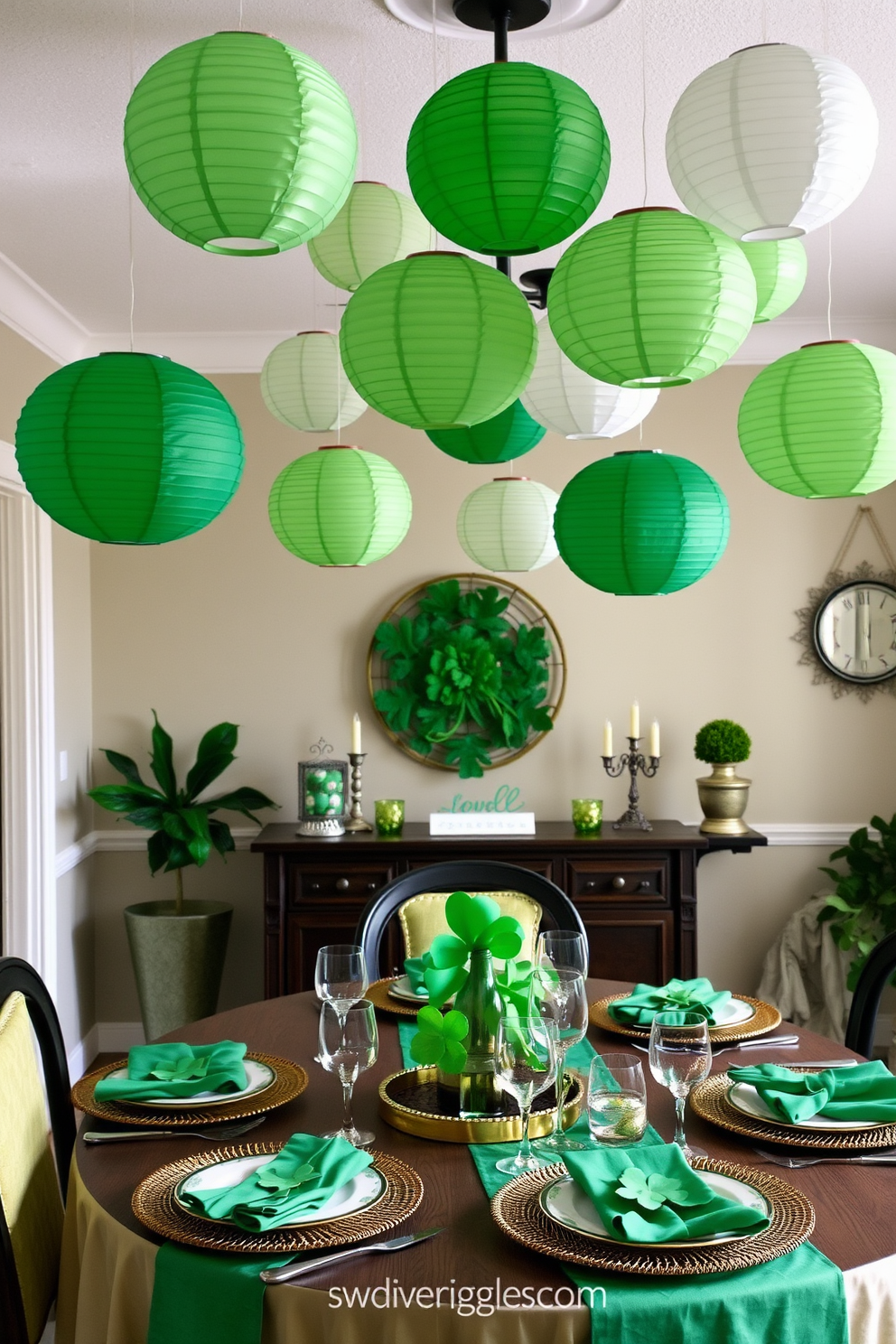 A cozy dining room adorned with hanging paper lanterns in various shades of green. The table is set with festive decorations, featuring shamrock centerpieces and elegant dinnerware for a St. Patrick's Day celebration.