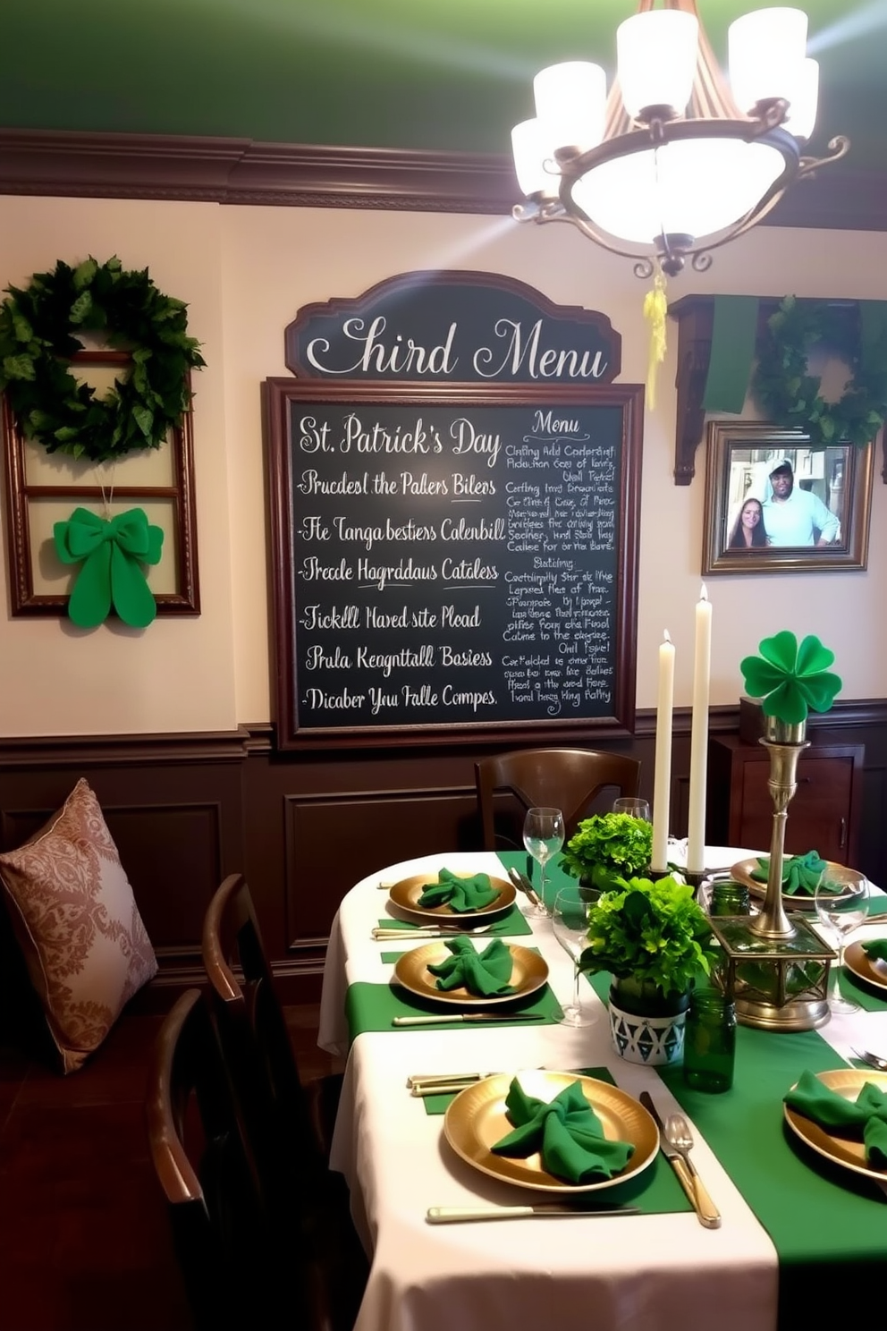 A charming dining room adorned for St. Patrick's Day features a large chalkboard menu showcasing festive dishes in elegant handwriting. The table is set with green and gold accents, including shamrock centerpieces and themed tableware, creating a warm and inviting atmosphere.