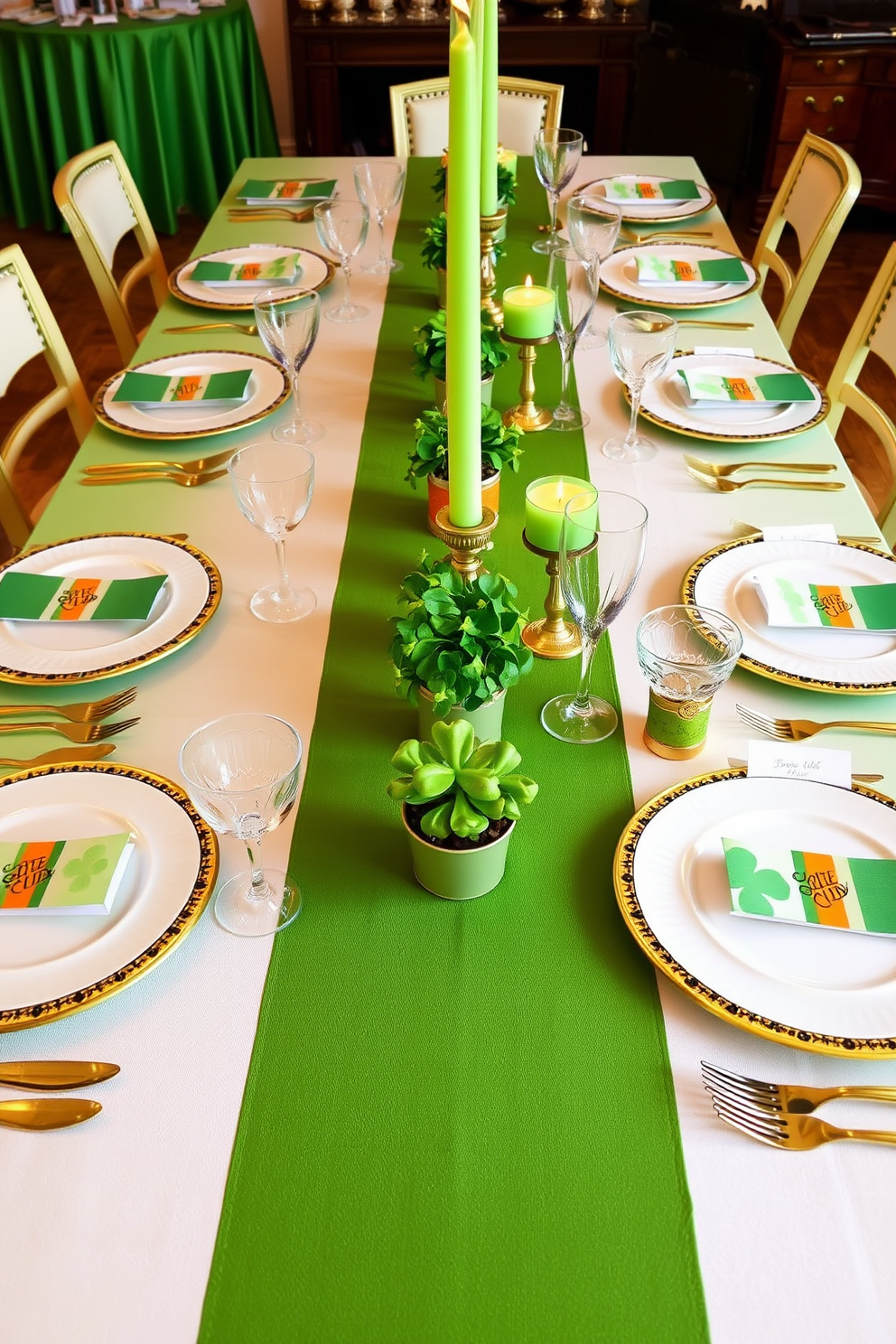 A dining table adorned with Irish flag inspired table settings. The table features a vibrant green tablecloth with accents of white and orange, complemented by elegant white dinnerware and gold cutlery. Centerpieces include small pots of shamrocks and candles in green holders. Place cards with festive designs add a personal touch to each setting, creating a warm and inviting atmosphere for St. Patrick's Day celebrations.