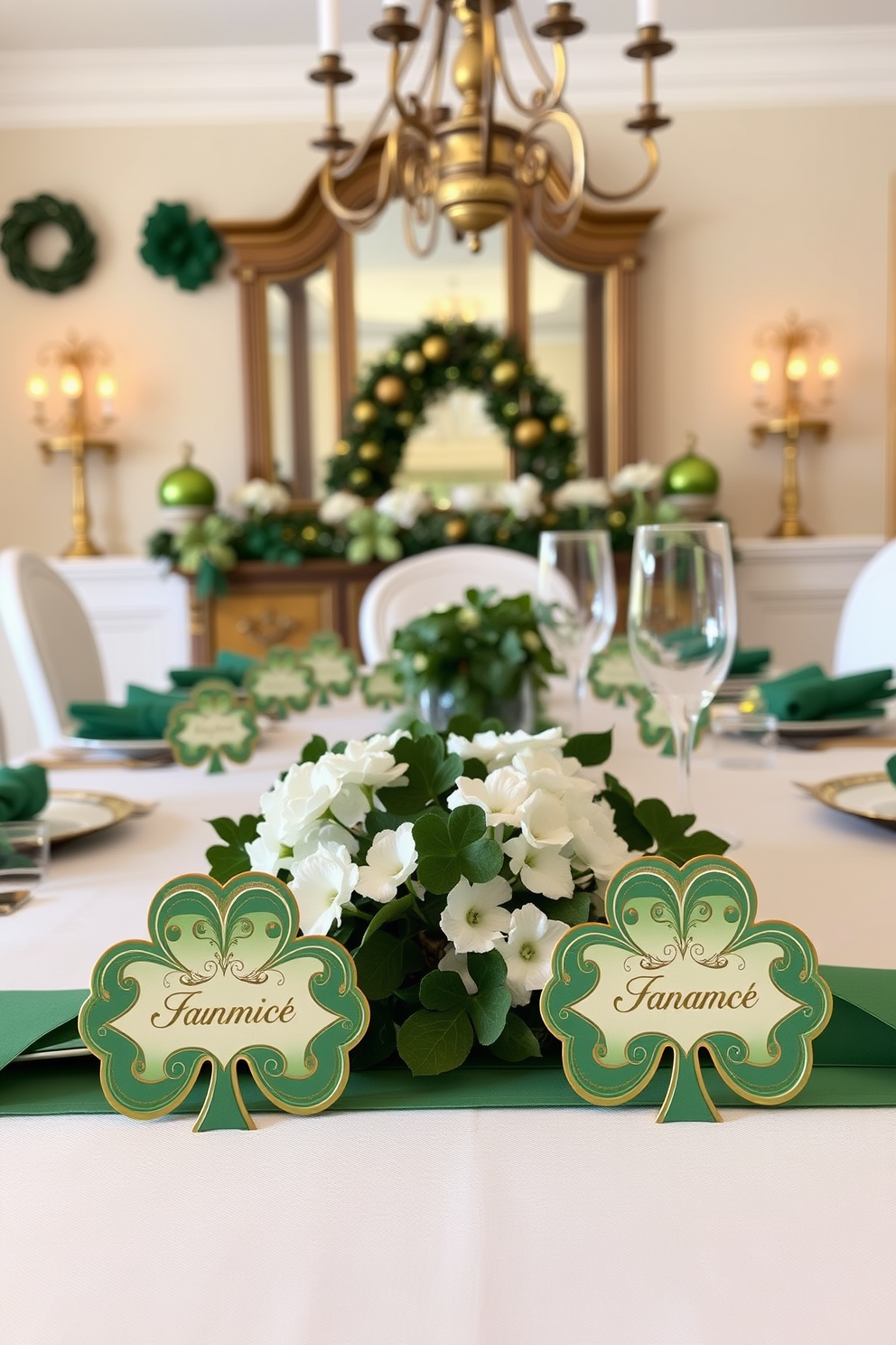 Shamrock shaped place cards for guests are elegantly designed with intricate details. Each card features a personalized name elegantly written in gold ink, adding a touch of sophistication to your St. Patrick's Day dining table. The dining room is adorned with festive green and gold decor, creating a warm and inviting atmosphere. A centerpiece of fresh shamrocks and white flowers complements the place cards, enhancing the overall theme of celebration.