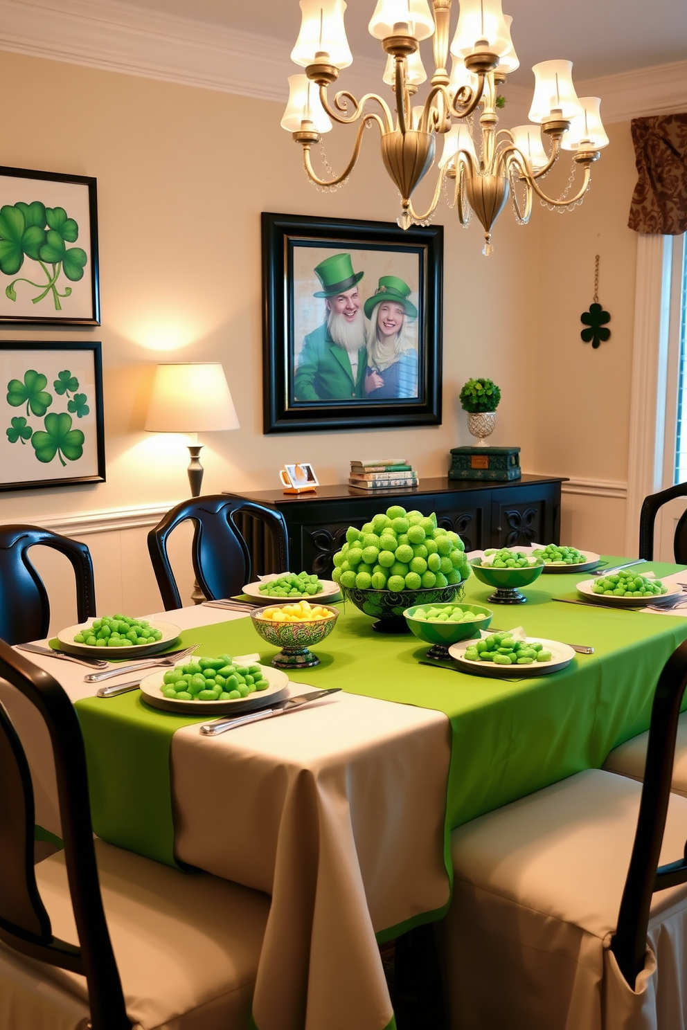 A festive dining room setting for St. Patrick's Day features a beautifully set table adorned with a vibrant green tablecloth. On the table, decorative bowls filled with shamrock candies are artfully arranged, adding a playful touch to the decor. The walls are embellished with themed artwork, showcasing shamrocks and leprechauns, creating a cheerful atmosphere. Soft lighting from elegant chandeliers casts a warm glow, enhancing the celebratory mood of the space.