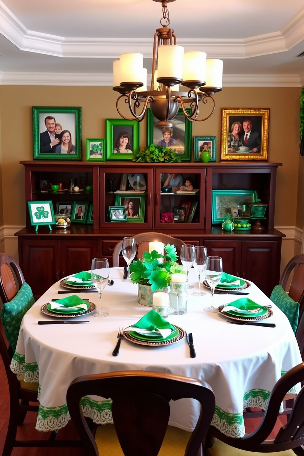 A cozy dining room adorned with framed family photos in vibrant green frames. The table is set with festive St. Patrick's Day decorations, featuring shamrock centerpieces and green tableware.