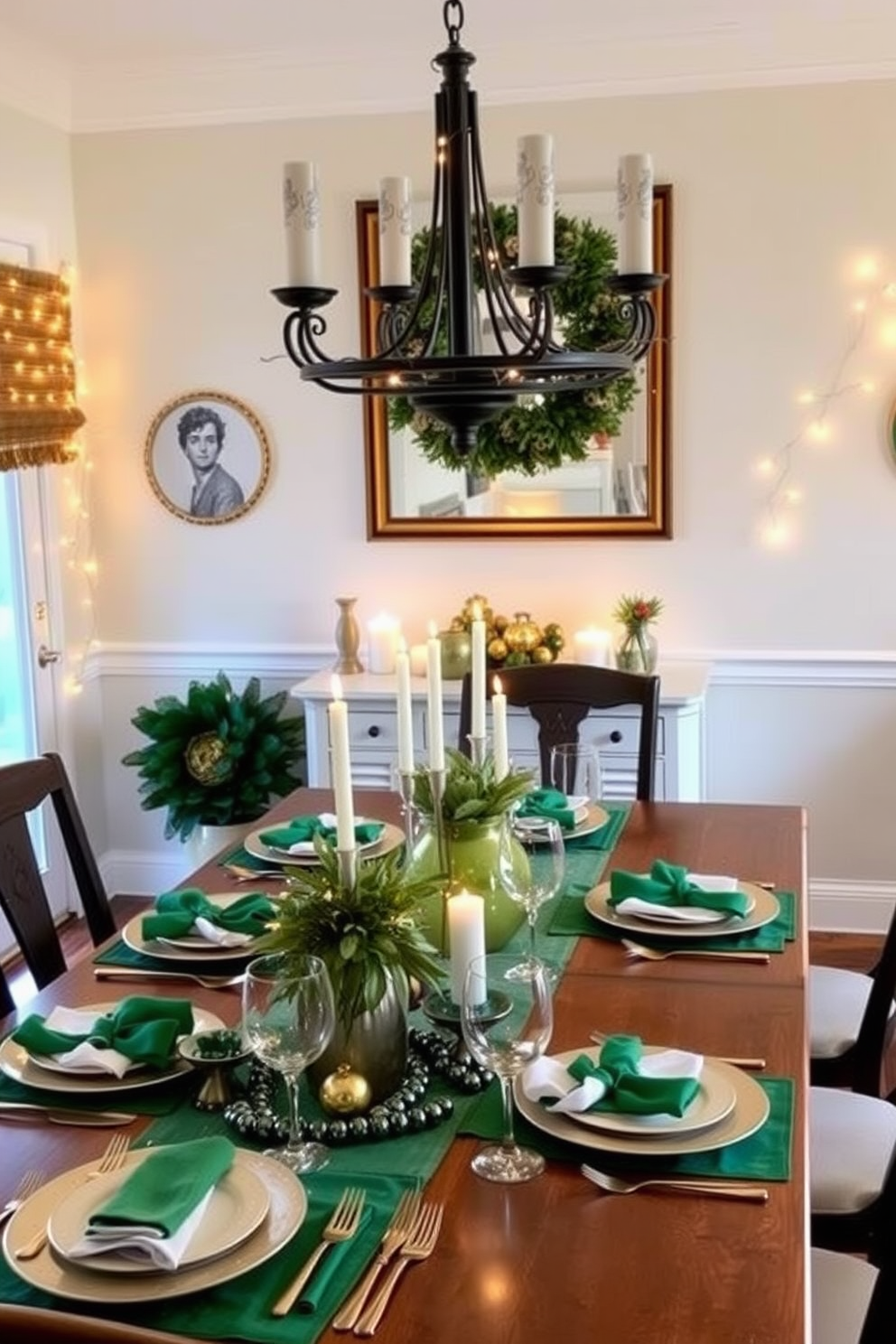 A dining room adorned with tabletop fairy lights creates a warm and inviting atmosphere. The lights twinkle softly above a beautifully set table featuring green and gold accents for St. Patrick's Day.