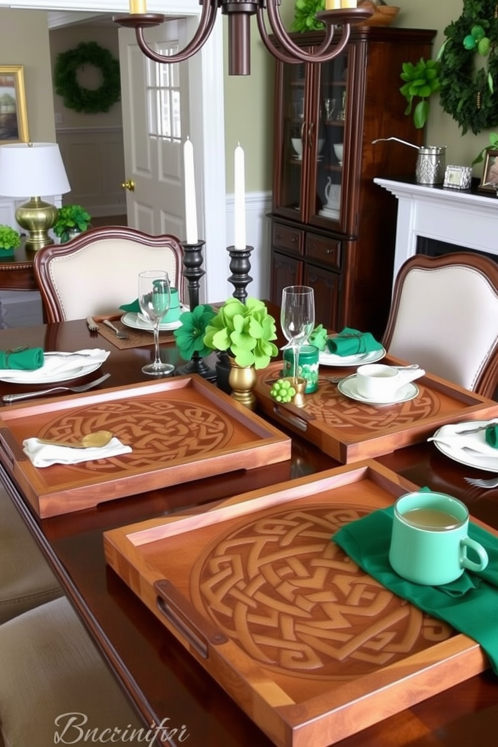 Create a cozy dining room setting featuring wooden serving trays adorned with intricate Celtic designs. The room is decorated for St. Patrick's Day with green and gold accents, including shamrock centerpieces and festive tableware.