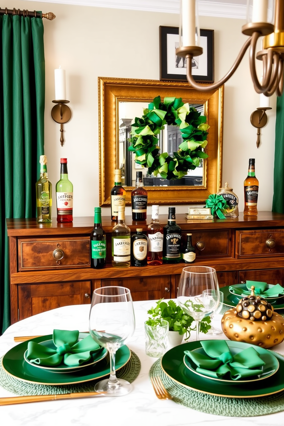 A stylish dining room adorned with Irish whiskey bottles as decorative accents. The bottles are elegantly arranged on a rustic wooden sideboard, complemented by green and gold table settings for a festive St. Patrick's Day atmosphere.