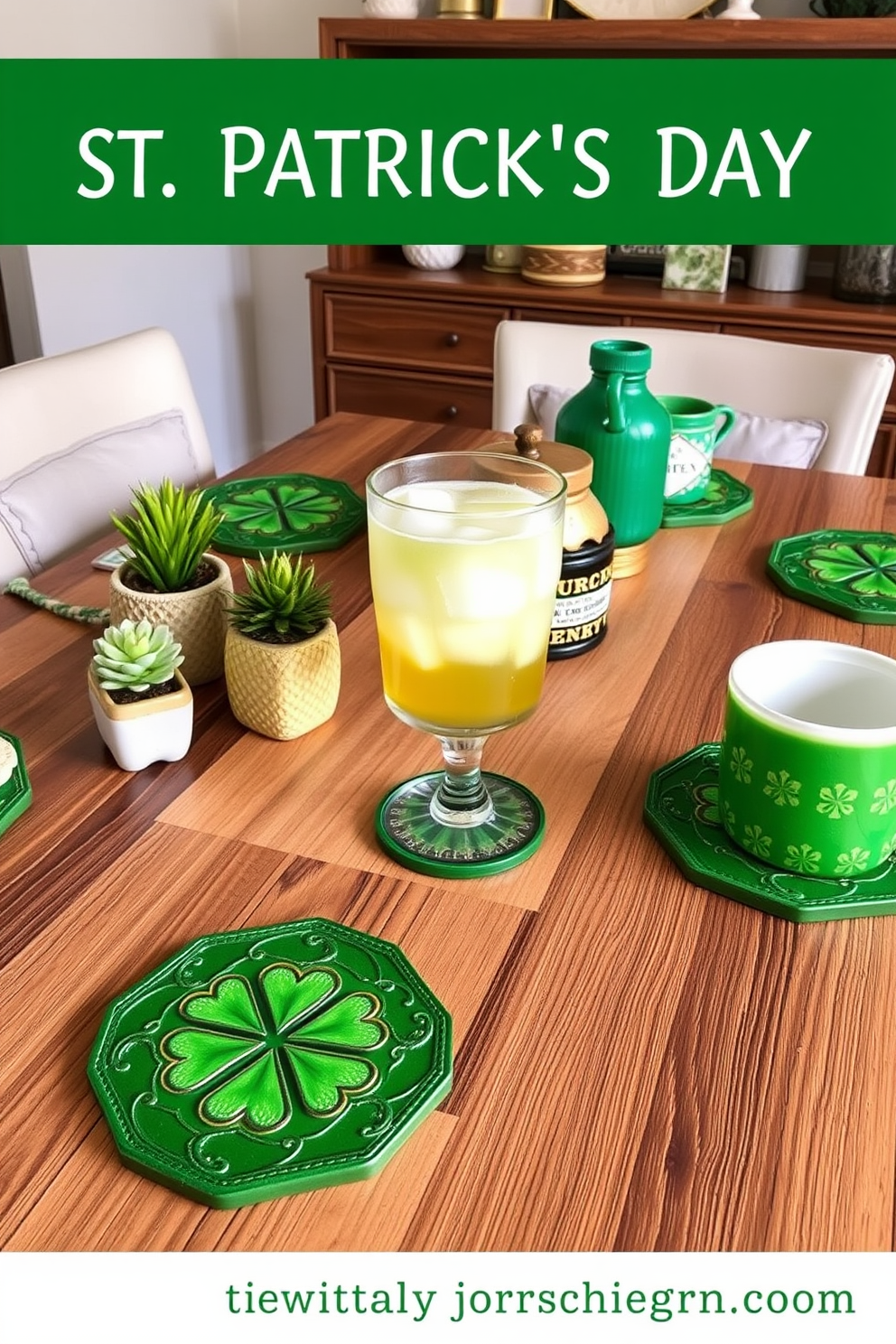 Create a set of St. Patrick's Day themed coasters designed for drinks in a dining room setting. The coasters feature vibrant green hues with intricate shamrock patterns and gold accents, adding a festive touch to the table. Incorporate elements like rustic wood and ceramic finishes to complement the coasters. Surround the coasters with decorative items such as small potted plants and themed tableware to enhance the St. Patrick's Day ambiance.