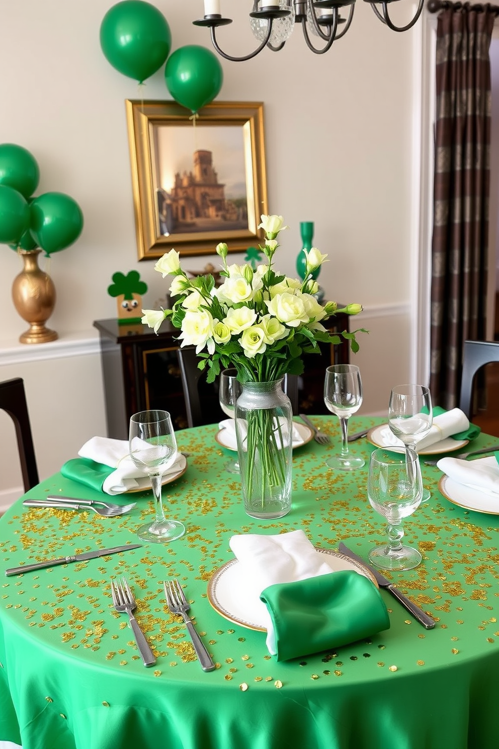 A festive dining room setting for St. Patrick's Day featuring a beautifully set table adorned with gold glitter table confetti for an added sparkle. The table is elegantly draped with a green tablecloth, and the centerpiece includes a mix of fresh white and green flowers in a stylish vase.