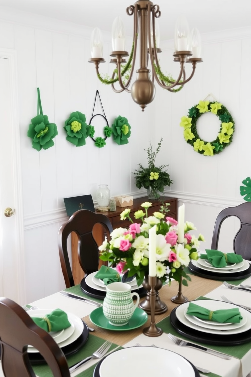 A charming dining room adorned with handmade wreaths featuring vibrant shamrocks. The table is set with green and white tableware, complemented by a centerpiece of fresh flowers and candles for a festive touch.