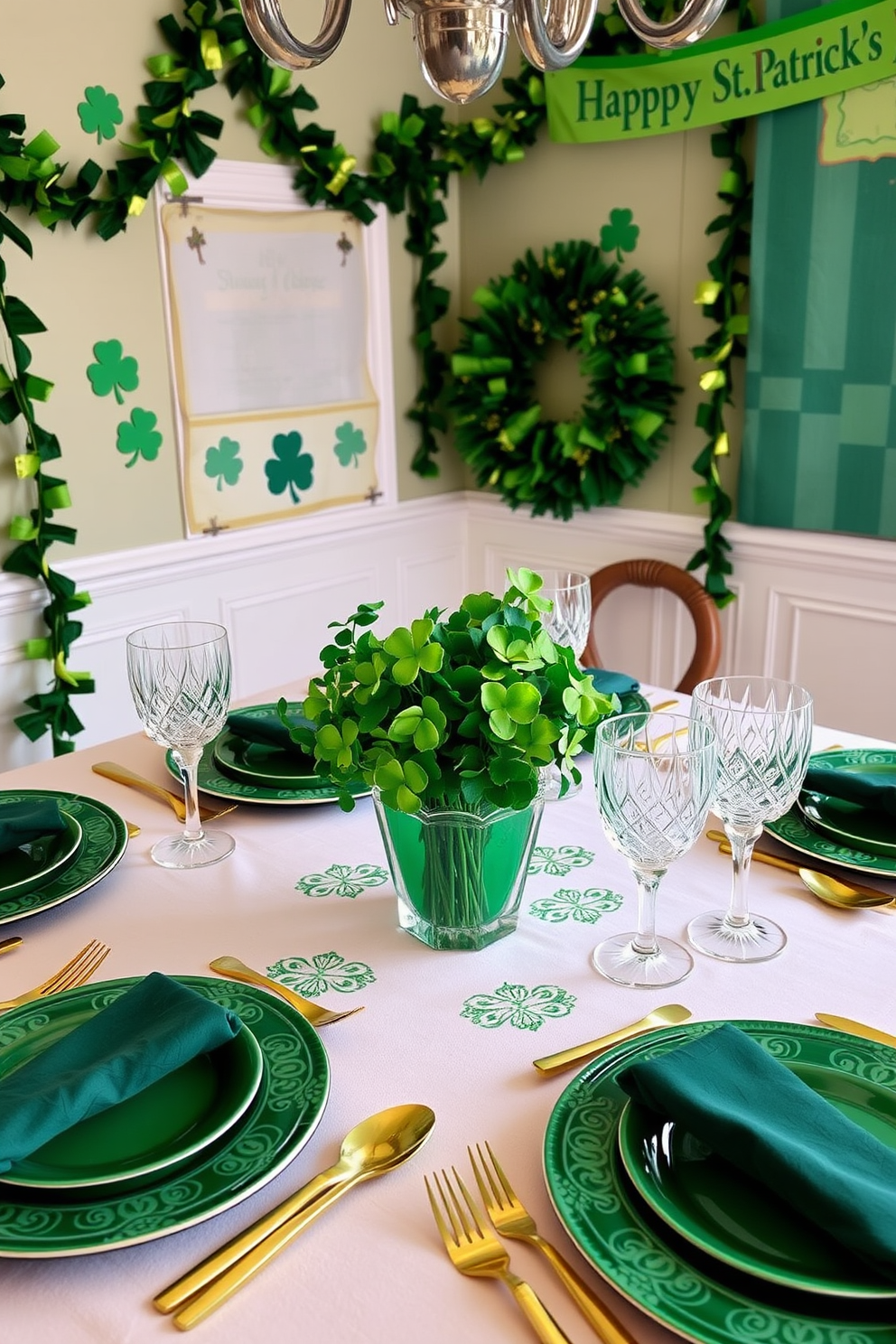 Irish themed dinnerware for festive flair. The table is set with vibrant green plates adorned with Celtic patterns, complemented by gold cutlery and crystal glassware. The centerpiece features a bouquet of fresh shamrocks in a decorative vase. Surrounding the table, the walls are decorated with festive garlands and banners celebrating St. Patrick's Day.