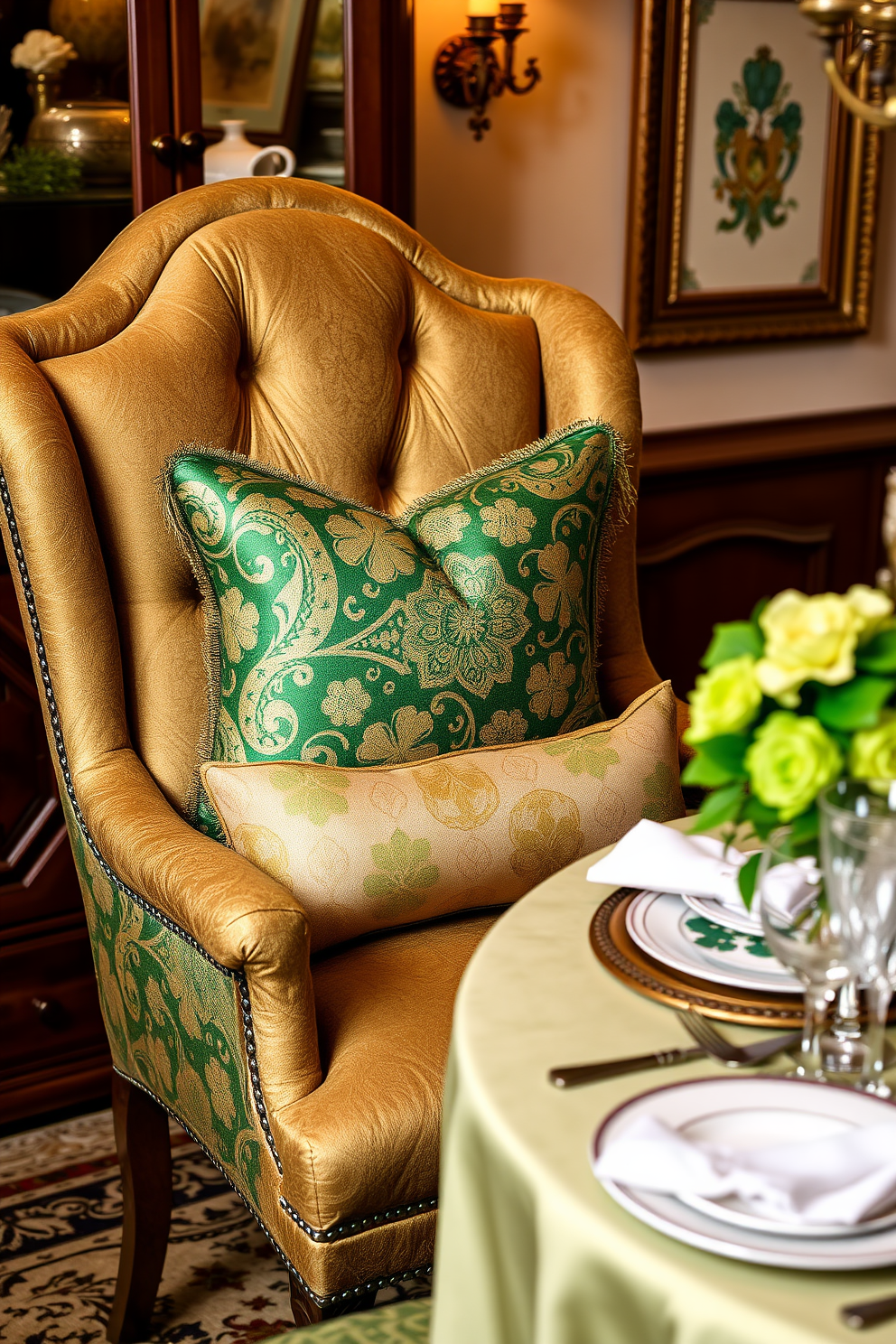 Decorative pillows with intricate Irish patterns adorn a plush dining room chair, adding a festive touch for St. Patrick's Day celebrations. The rich greens and golds in the fabric complement the elegant dining table set with fine china and sparkling glassware.