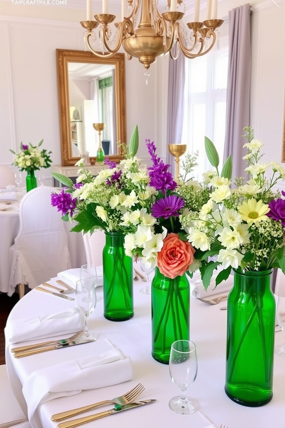 Fresh flowers in vibrant green vases create a stunning centerpiece for a dining room. The table is elegantly set with white linens and gold accents, enhancing the festive St. Patrick's Day atmosphere.