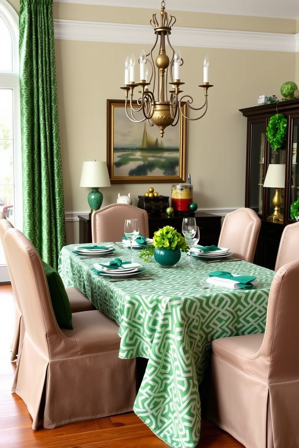 A dining room adorned with a Celtic knot tablecloth that adds rich texture and depth to the space. The table is set with elegant dinnerware and green accents, creating a festive atmosphere for St. Patrick's Day celebrations.