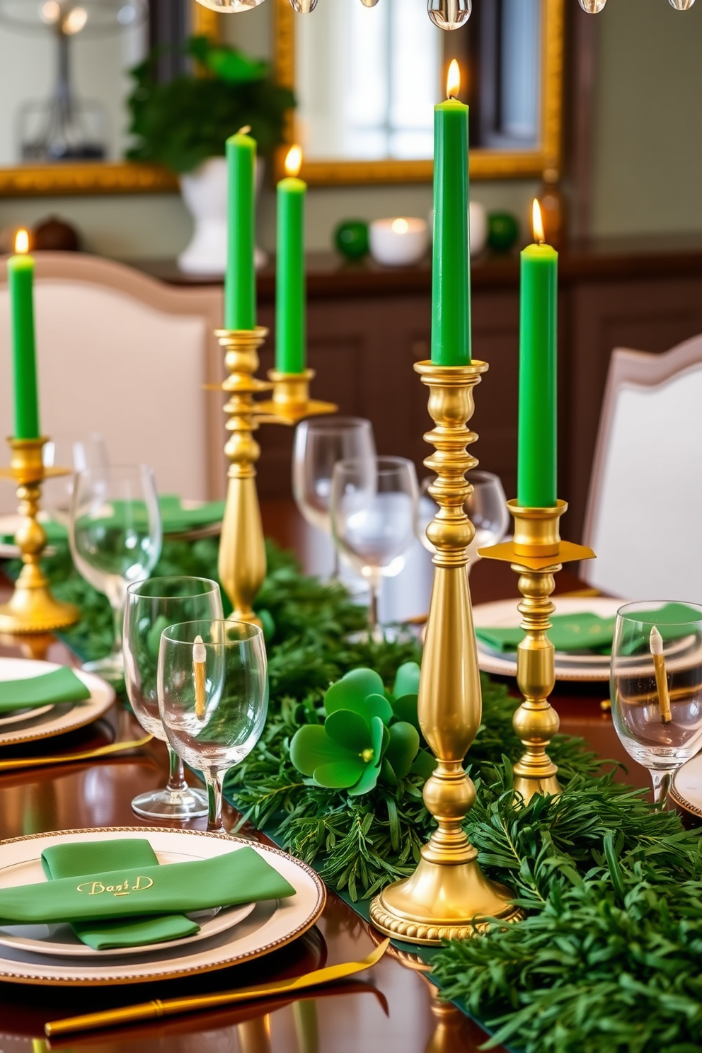 A beautifully arranged dining table adorned with gold candlesticks holding vibrant green candles. The table is set with elegant white dinnerware and a lush green table runner, creating a festive atmosphere for St. Patrick's Day celebrations.