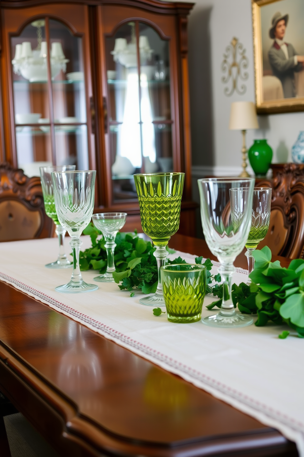 A vintage dining room setting featuring elegant Irish glassware displayed prominently on a polished wooden table. The table is adorned with a crisp white tablecloth and delicate green accents, creating a festive atmosphere for St. Patrick's Day celebrations.