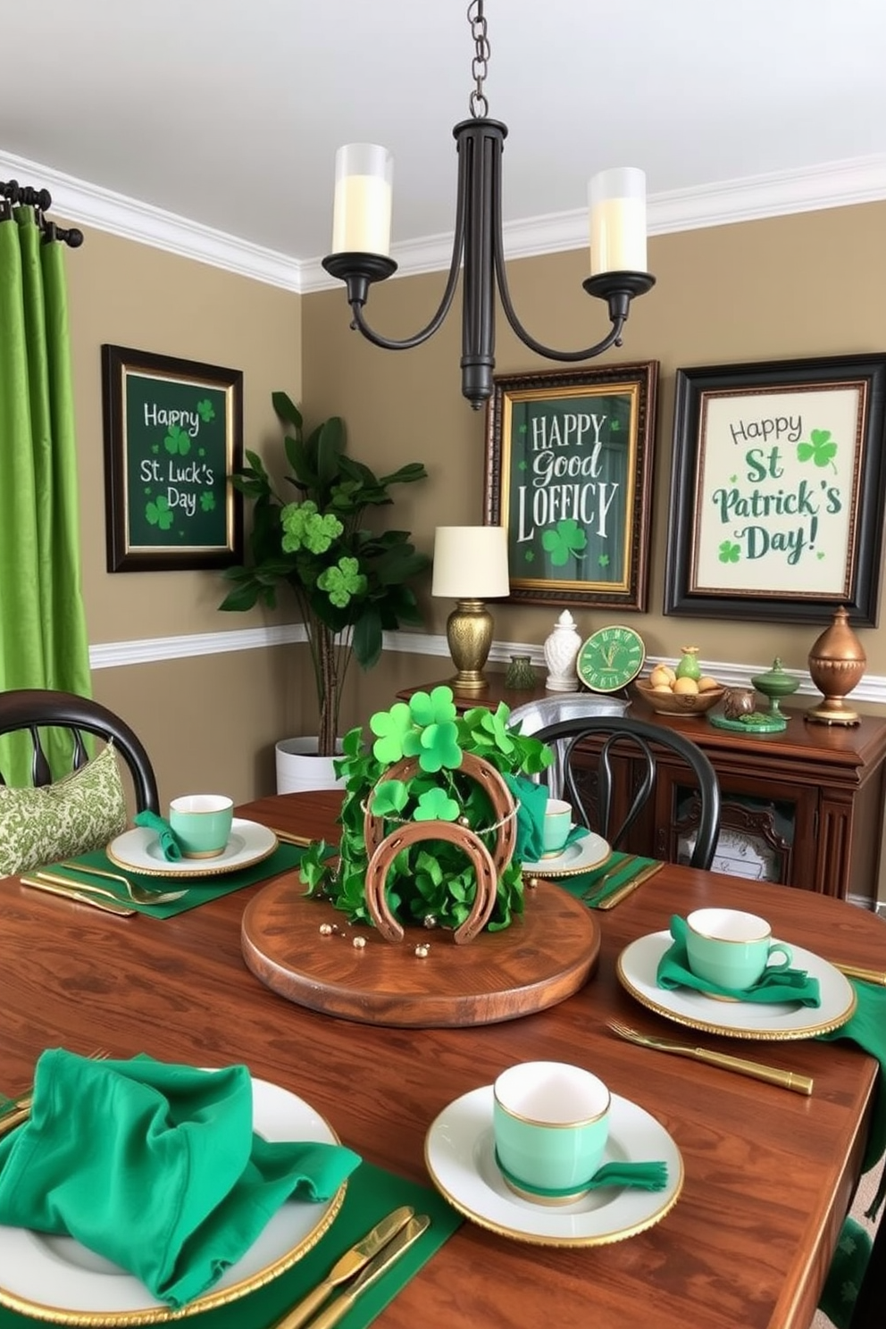 A cozy dining room adorned with horseshoe decor to evoke good luck vibes. The table is set with green and gold accents, featuring a centerpiece of fresh shamrocks and a rustic horseshoe. The walls are decorated with framed art that celebrates St. Patrick's Day, incorporating vibrant greens and playful designs. Soft lighting creates an inviting atmosphere, enhancing the festive spirit of the space.