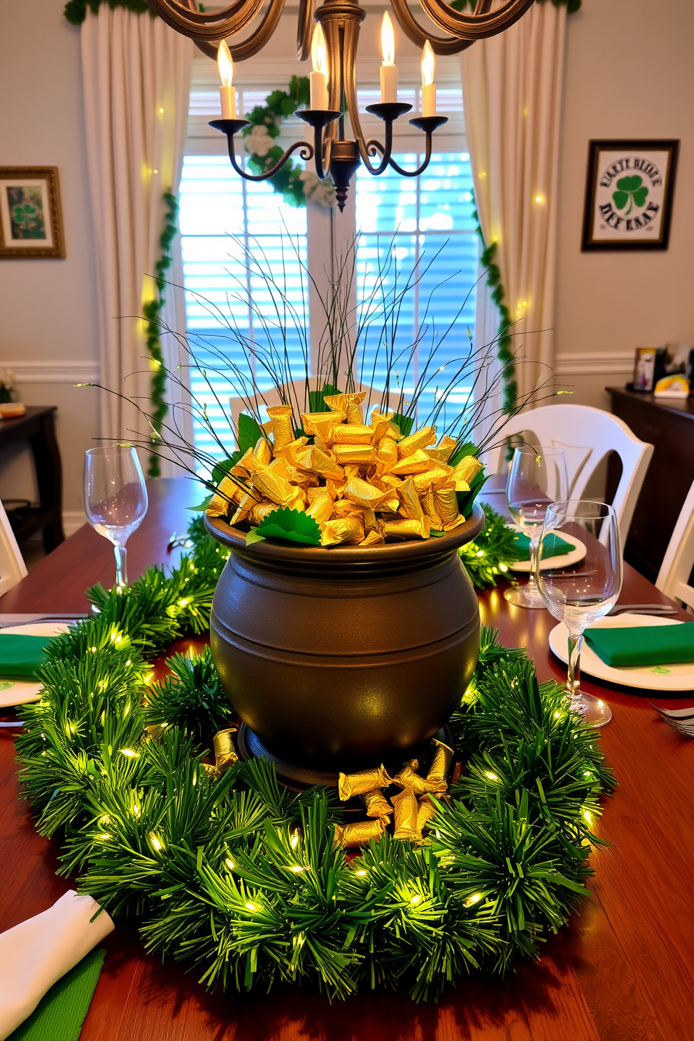 A vibrant dining room setting for St. Patrick's Day features a stunning centerpiece made of a pot filled with gold-wrapped candies. Surrounding the pot are lush green garlands and twinkling fairy lights that create a festive atmosphere.