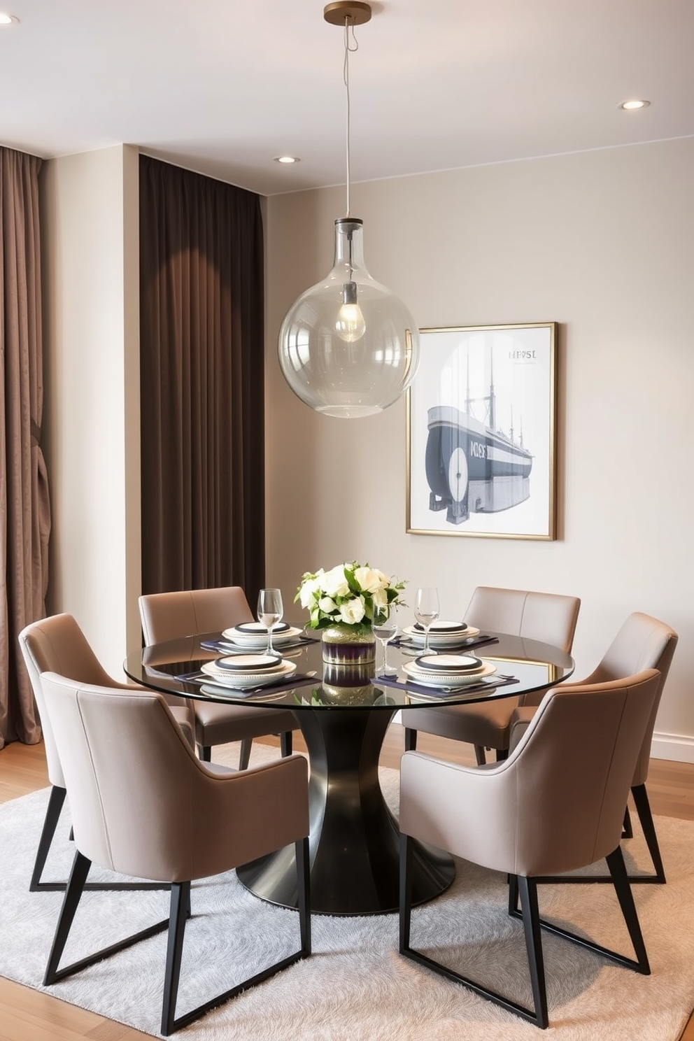 A modern round glass dining table is the centerpiece of the dining room. Surrounding the table are sleek, upholstered chairs in a neutral tone, creating an inviting atmosphere. The table is set with elegant dinnerware and a simple floral centerpiece. Soft pendant lighting hangs above, casting a warm glow over the space.