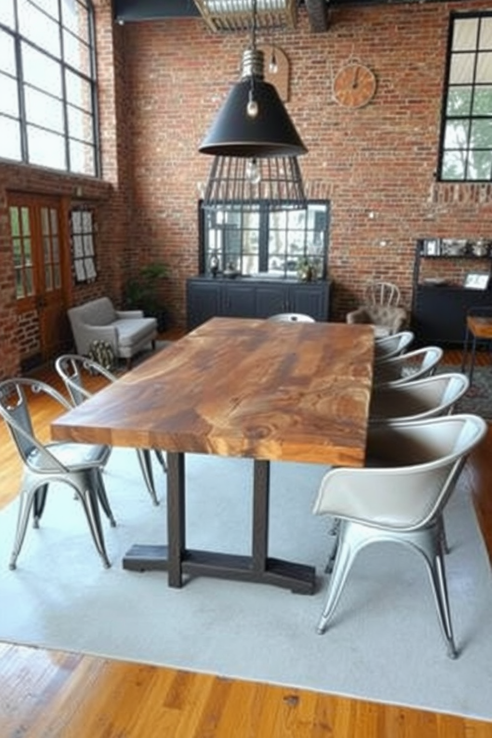 A stunning industrial dining room features a reclaimed wood table with a rough-hewn surface and sturdy metal legs. Surrounding the table are a mix of vintage metal chairs and upholstered seating, creating a warm and inviting atmosphere. The walls are adorned with exposed brick and large windows that flood the space with natural light. A statement pendant light hangs above the table, adding a modern touch to the rustic design.