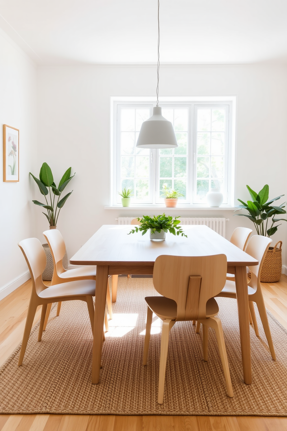 A bright and airy dining room features a Scandinavian style light wood dining table surrounded by sleek, minimalist chairs. The walls are painted in a soft white hue, and a large window allows natural light to flood the space, highlighting the table's clean lines and natural grain. To enhance the cozy atmosphere, a simple centerpiece of fresh greenery rests on the table. A woven rug in neutral tones adds warmth to the room, complementing the light wood and creating an inviting dining experience.