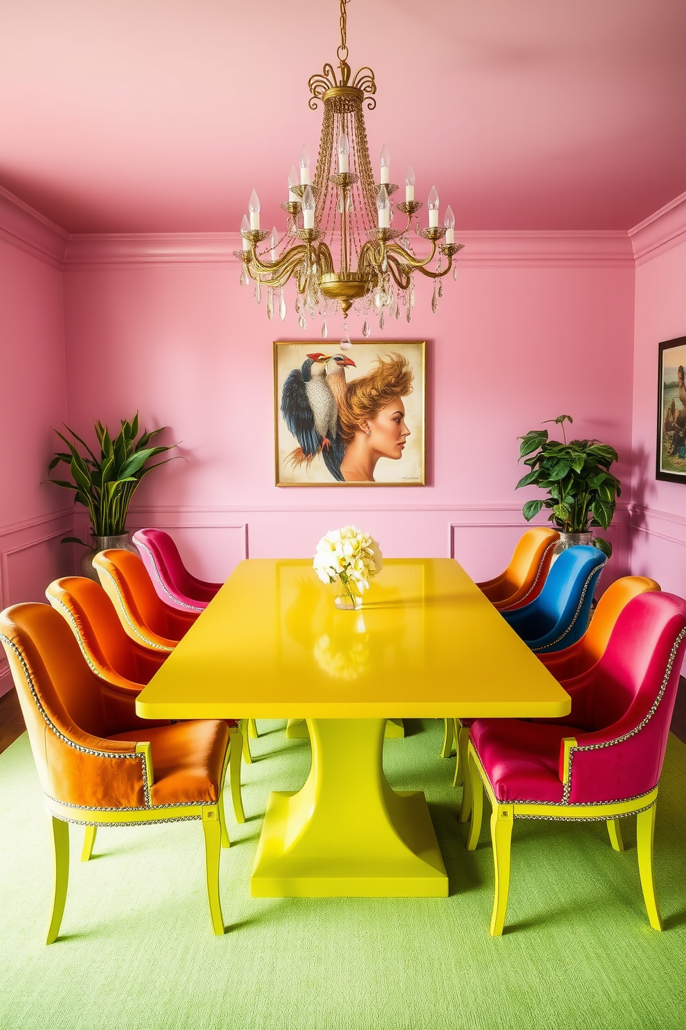 A bold colored dining table serves as the centerpiece of a vibrant dining room. Surrounding the table are elegant chairs upholstered in complementary hues, creating a lively and inviting atmosphere. The walls are painted in a soft neutral tone to balance the boldness of the table. A striking chandelier hangs above, adding a touch of sophistication and enhancing the overall design.