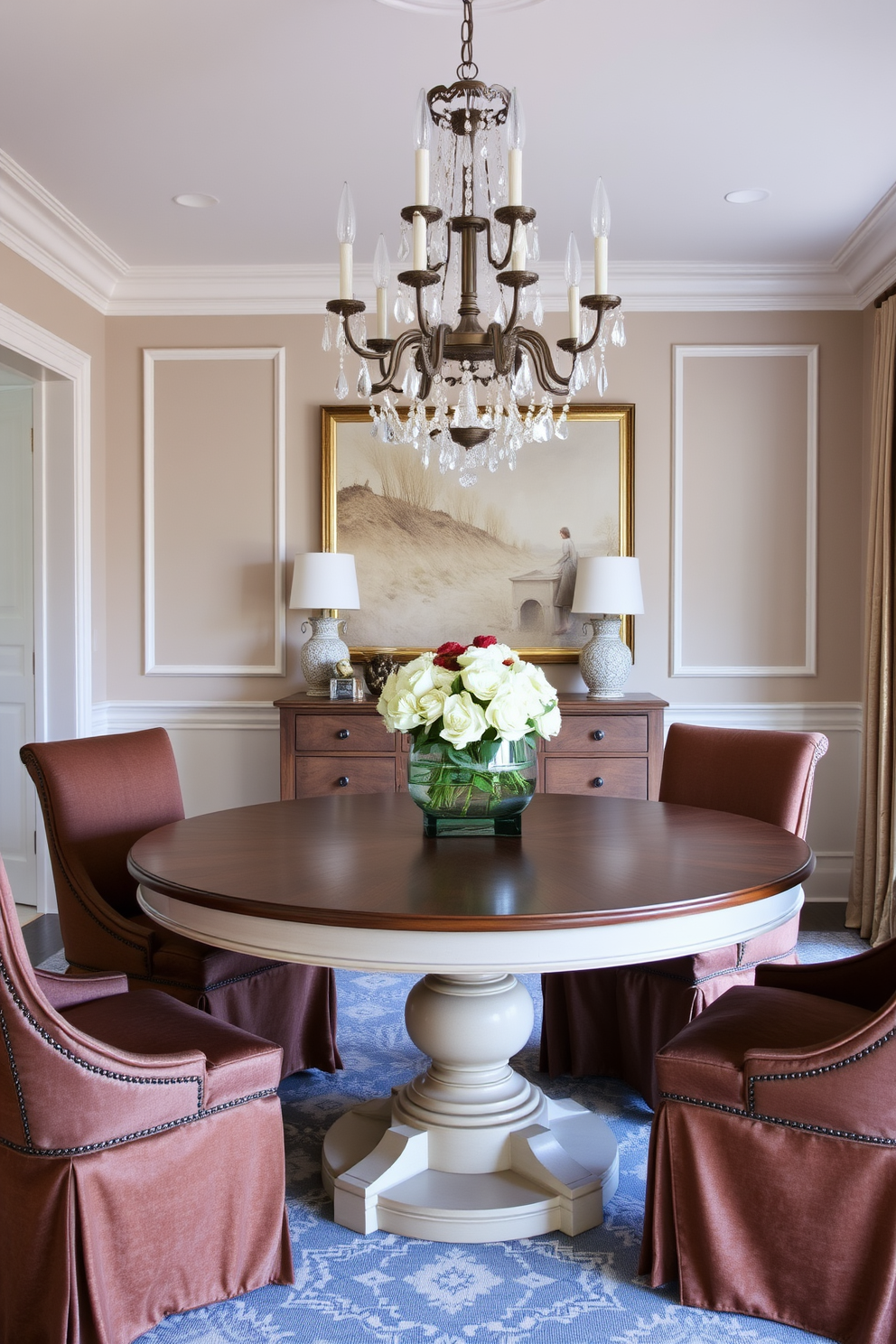 A round pedestal dining table takes center stage in an elegantly designed dining room. Surrounding the table are plush upholstered chairs in a rich fabric, creating a warm and inviting atmosphere. The walls are adorned with soft, neutral tones that enhance the room's sophistication. A stunning chandelier hangs above the table, casting a gentle glow over the space and highlighting the table's beautiful finish.