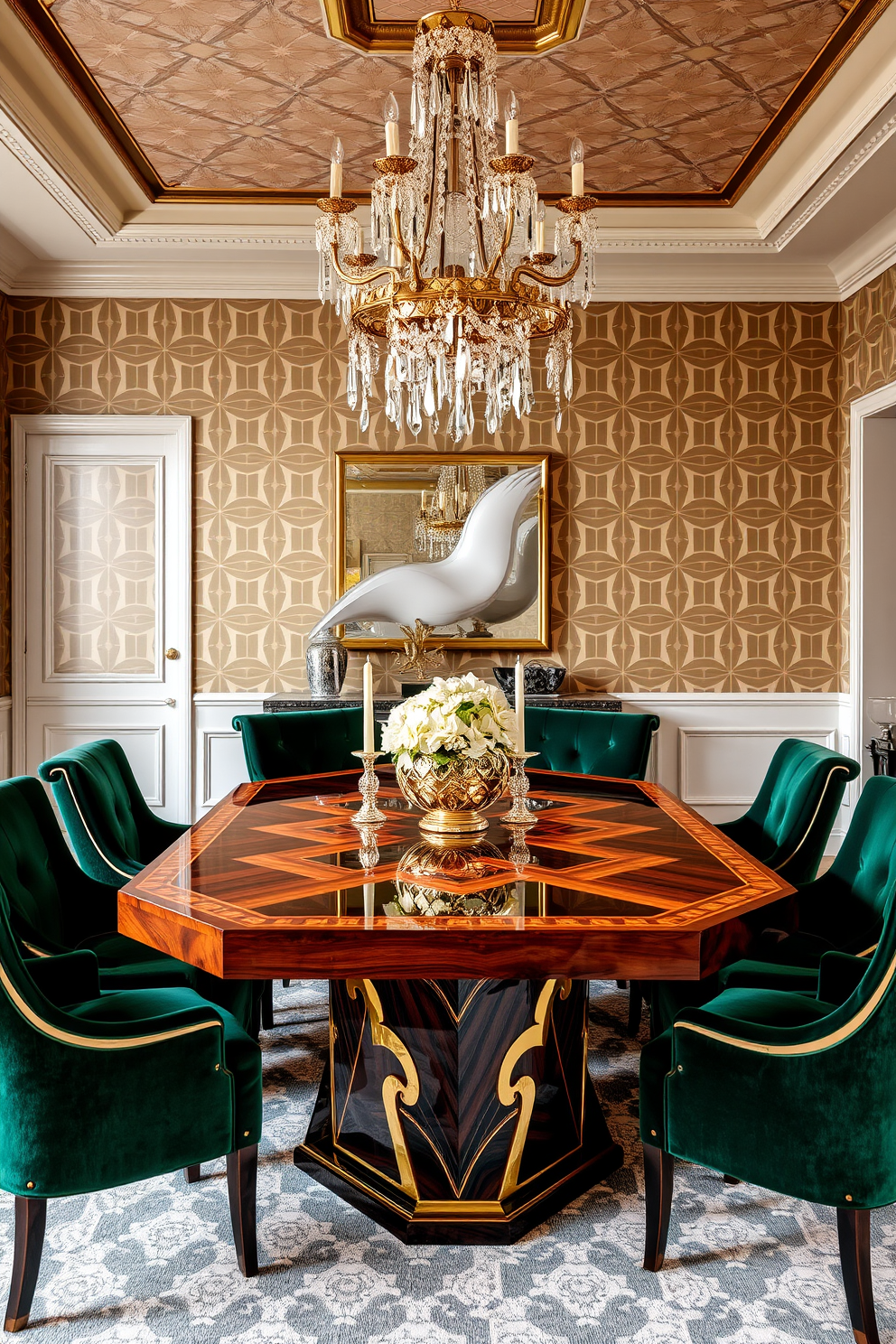 A stunning dining room features an art deco inspired geometric dining table crafted from rich mahogany with intricate inlays. Surrounding the table are plush velvet chairs in deep emerald green, creating a striking contrast against the polished brass accents throughout the room. The walls are adorned with bold geometric wallpaper in muted gold and cream tones, enhancing the luxurious atmosphere. A statement chandelier with crystal details hangs above the table, casting a warm glow over the space and highlighting the elegant decor.