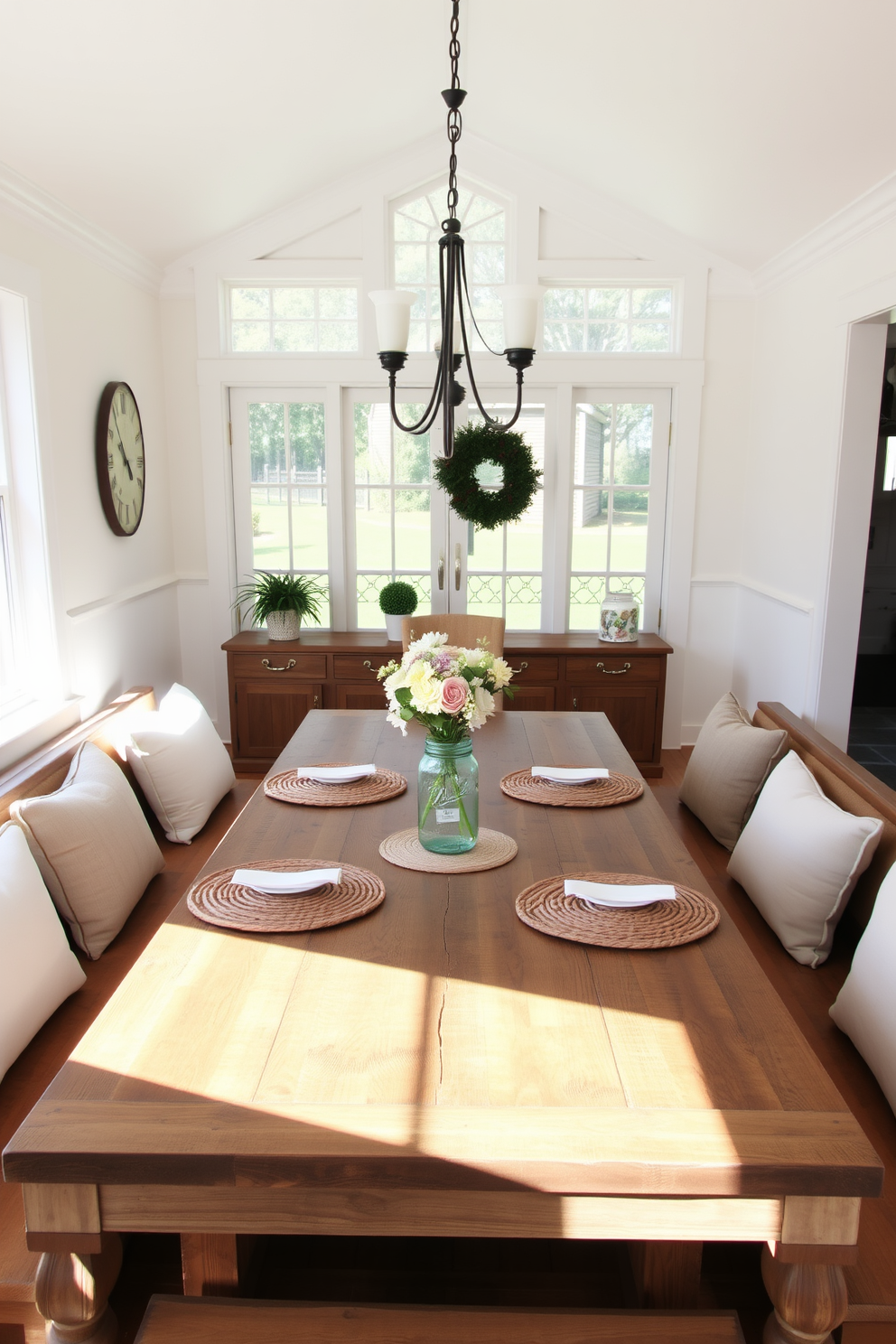 A cozy farmhouse dining room features a large wooden table with a distressed finish surrounded by cushioned bench seating on either side. Natural light streams in through large windows, illuminating the space with a warm glow and highlighting the rustic charm of the decor. The table is adorned with a simple centerpiece of fresh flowers in a mason jar, complemented by woven placemats and vintage dinnerware. The walls are painted in a soft white, creating a bright and inviting atmosphere that enhances the farmhouse aesthetic.