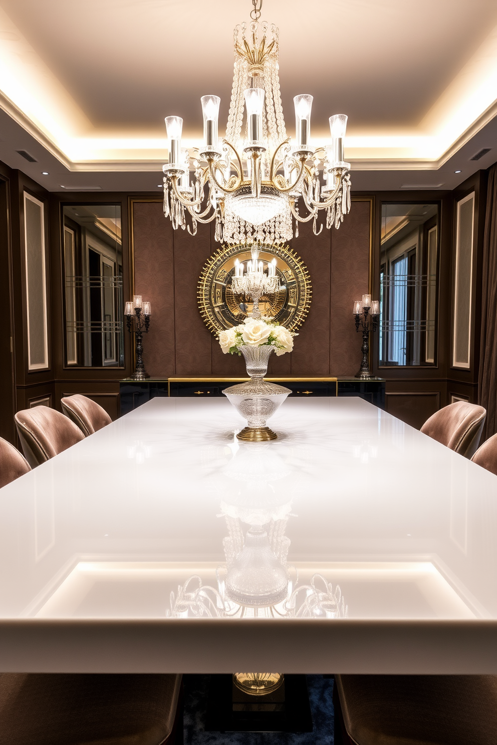 A luxury high-gloss dining table is the centerpiece of an elegant dining room. The table features a sleek, reflective surface that enhances the ambient lighting and creates a sense of spaciousness. Surrounding the table are plush upholstered chairs in a rich fabric, providing comfort and style. A statement chandelier hangs above, casting a warm glow over the setting and accentuating the sophisticated atmosphere.