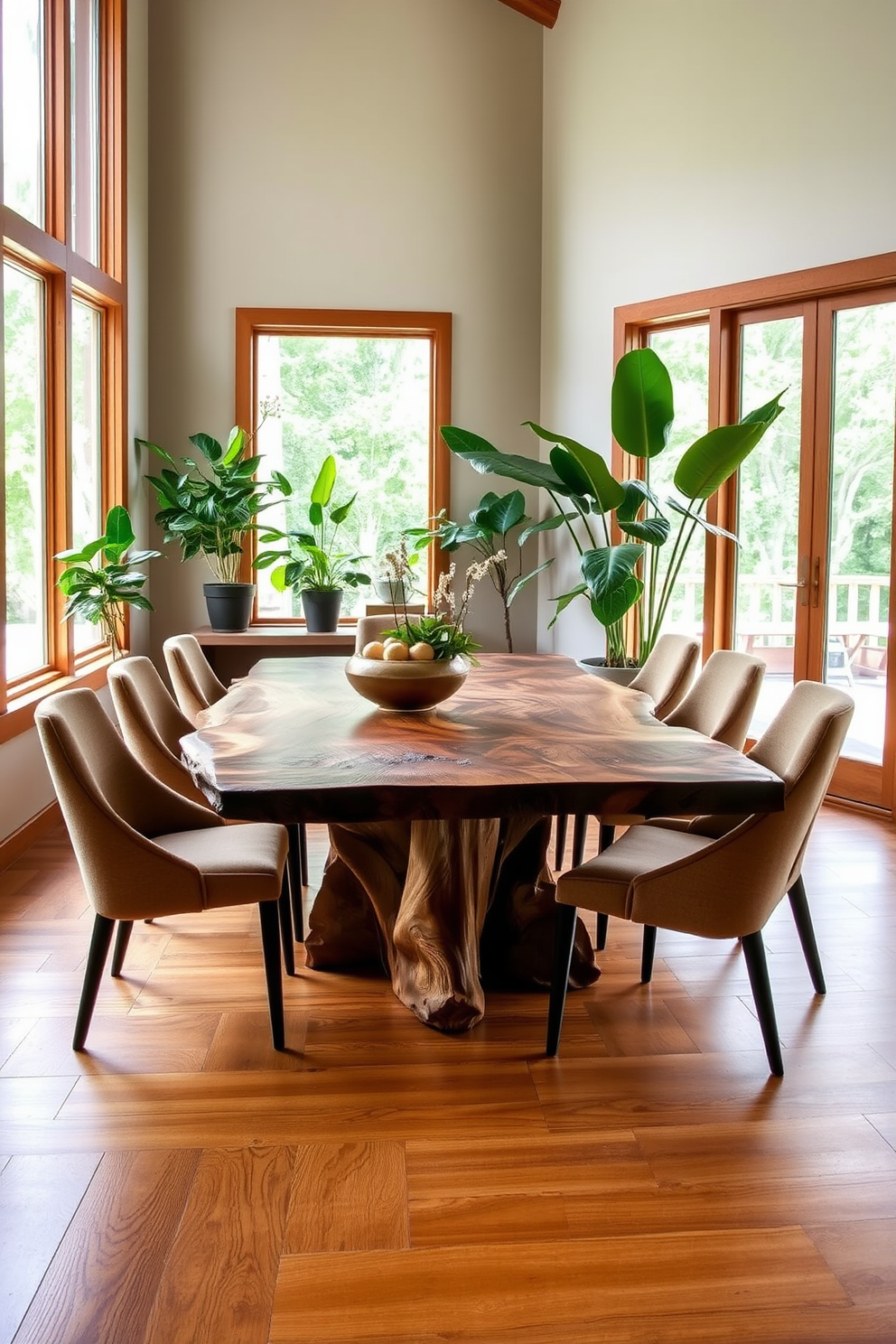 A nature-inspired dining room features a stunning live edge dining table crafted from rich hardwood. Surrounding the table are elegant upholstered chairs in earthy tones, complementing the organic shape of the table. The room is adorned with large windows that let in natural light, enhancing the warm wood tones. Lush indoor plants are strategically placed around the space, adding a refreshing touch of greenery.