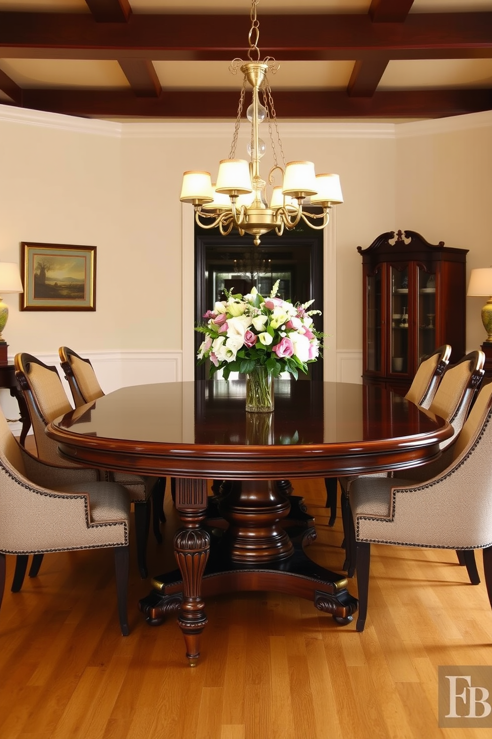 A traditional cherry wood dining table is the centerpiece of the dining room, surrounded by elegantly upholstered chairs in a rich fabric. The table features intricate carvings on its legs and a polished finish that enhances the natural grain of the wood. Soft, ambient lighting from a classic chandelier hangs above the table, casting a warm glow over the setting. The walls are adorned with tasteful artwork, and a centerpiece of fresh flowers adds a touch of vibrancy to the table.