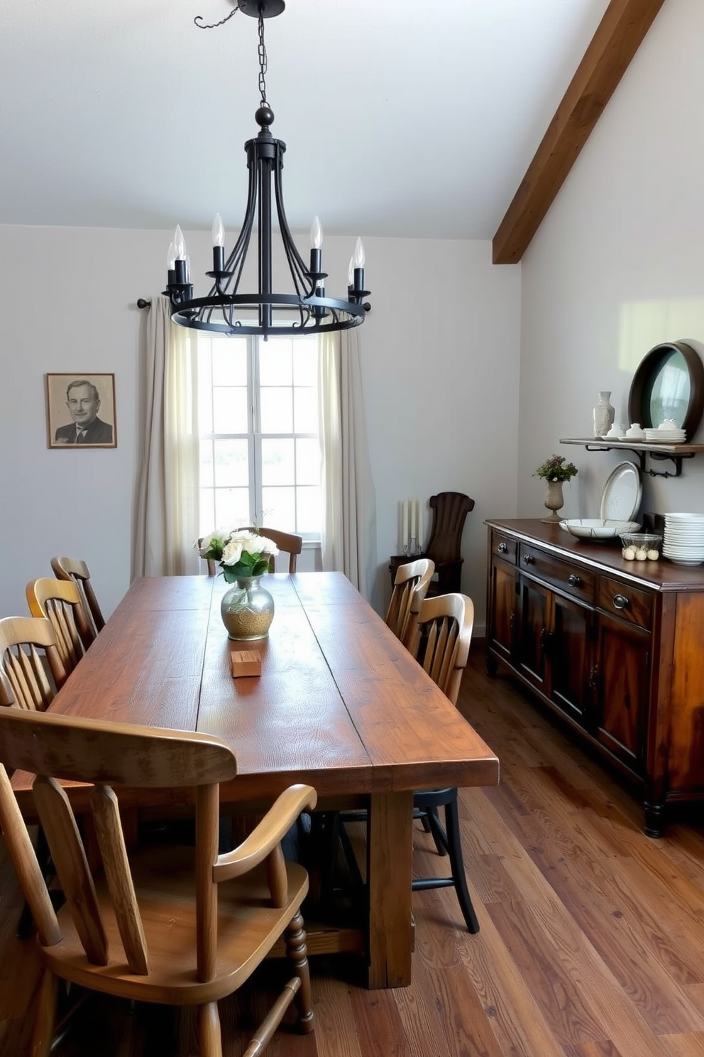 A rustic farmhouse dining room features a large reclaimed wood table with a weathered finish, surrounded by mismatched wooden chairs that add character. The room is illuminated by a wrought iron chandelier hanging above the table, while a vintage sideboard against the wall displays charming decor and dishware.