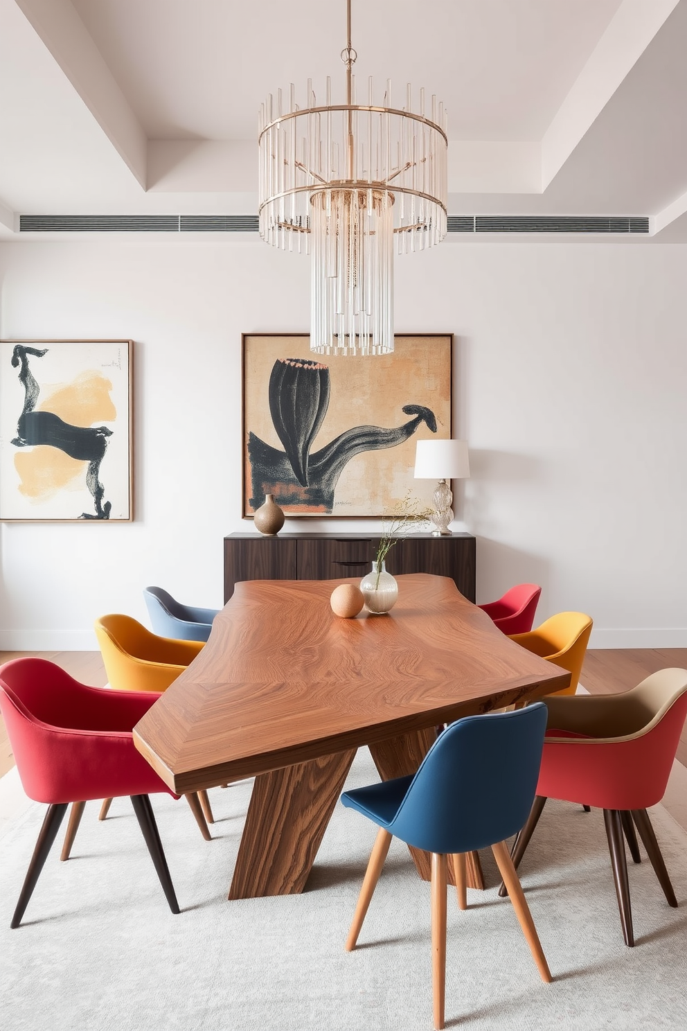 A modern dining room featuring an asymmetrical wooden dining table with a sleek finish. Surrounding the table are a mix of stylish chairs in complementary colors, creating an eclectic yet cohesive look. The walls are adorned with abstract art that enhances the contemporary vibe of the space. A statement chandelier hangs above the table, casting a warm glow over the dining area.