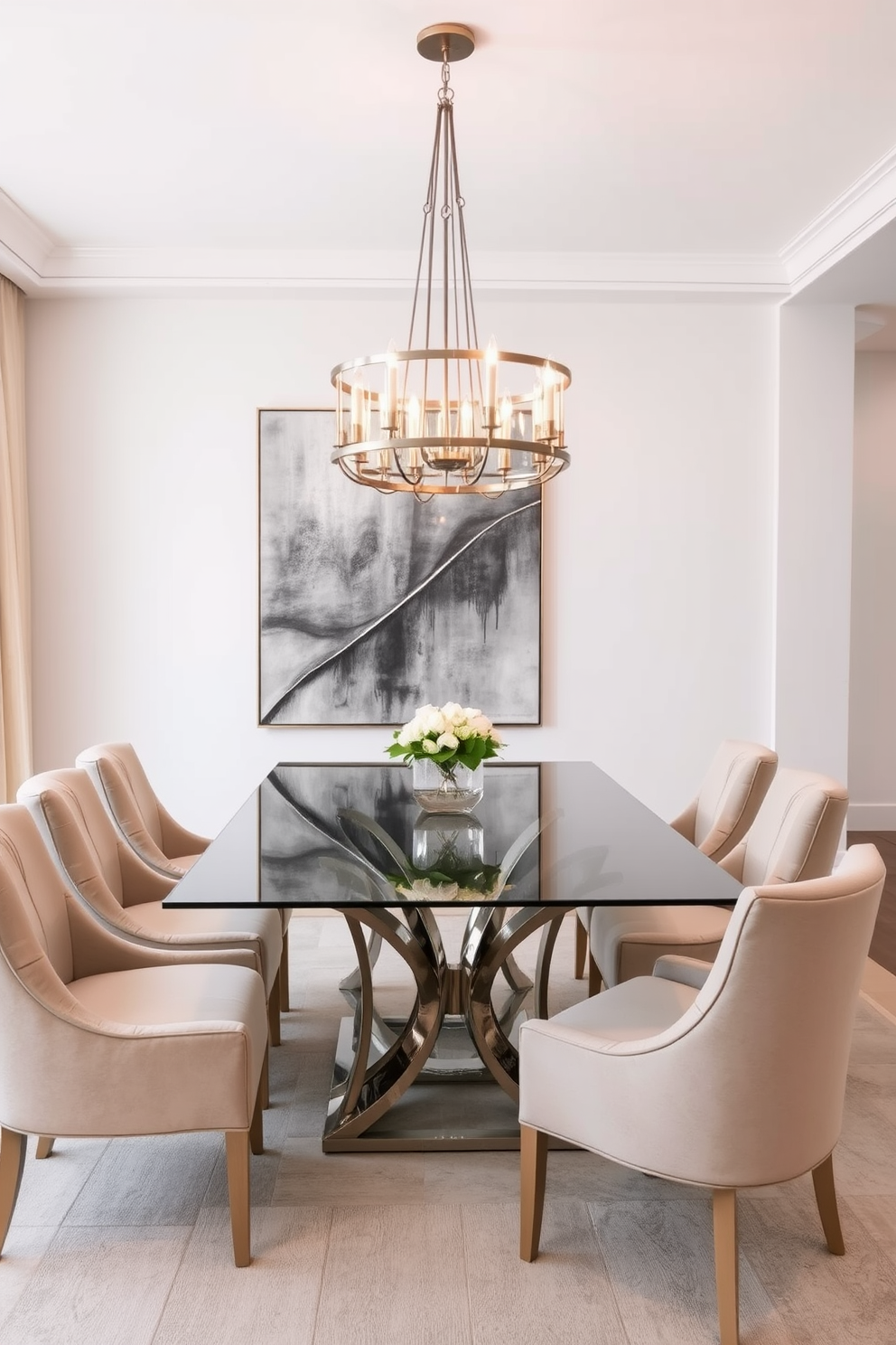 An elegant glass and metal dining table is the centerpiece of a modern dining room. Surrounding the table are plush upholstered chairs in a soft neutral fabric, creating a comfortable yet stylish atmosphere. The walls are adorned with a sleek, contemporary artwork that complements the table's design. A statement chandelier hangs above, casting a warm glow over the dining area and enhancing the sophisticated ambiance.