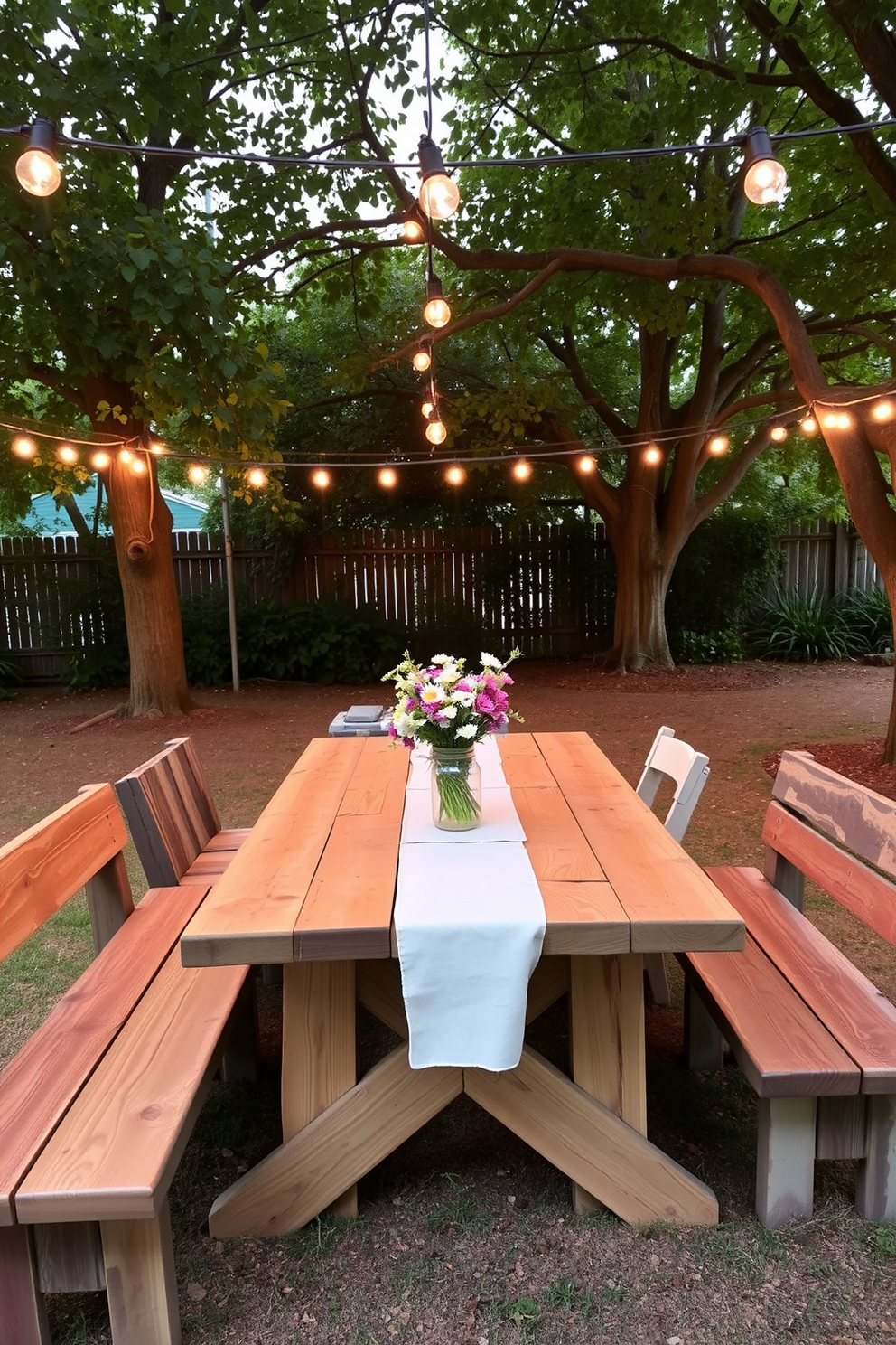 A rustic picnic-style outdoor dining table is set under a canopy of leafy trees. The table is made of reclaimed wood with a natural finish, surrounded by mismatched wooden benches and chairs. The table is adorned with a simple linen tablecloth and a centerpiece of wildflowers in a mason jar. String lights are hung above, creating a warm and inviting atmosphere for evening gatherings.