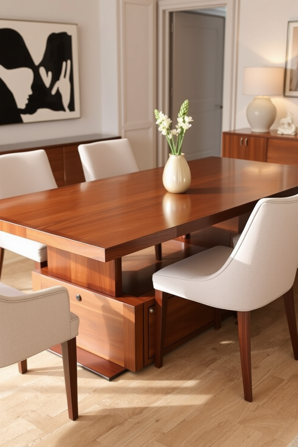 Sleek rectangular dining table with storage. The table features a polished wood finish and minimalist design, complemented by elegant upholstered chairs. The storage is integrated seamlessly into the table's base, providing a functional yet stylish solution. The room is adorned with soft lighting and a neutral color palette, creating a warm and inviting atmosphere.