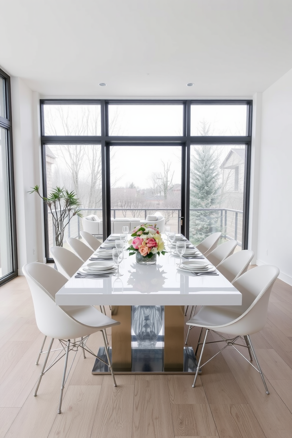 A contemporary dining room features a sleek white dining table surrounded by stylish chairs. The table is adorned with a simple centerpiece of fresh flowers and elegant tableware, creating a welcoming atmosphere. Natural light floods the space through large windows, highlighting the minimalist decor and clean lines. Soft neutral tones on the walls complement the modern aesthetic, enhancing the overall elegance of the dining area.