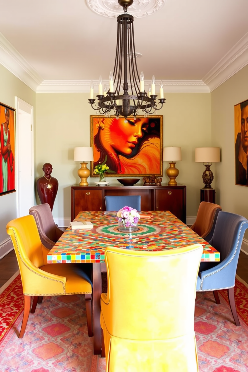 A vibrant dining room featuring a colorful mosaic tiled table at the center. Surrounding the table are elegant upholstered chairs in complementary colors, creating a lively and inviting atmosphere. The walls are adorned with warm-toned artwork that enhances the cheerful vibe of the space. A statement chandelier hangs above the table, casting a warm glow over the dining area.