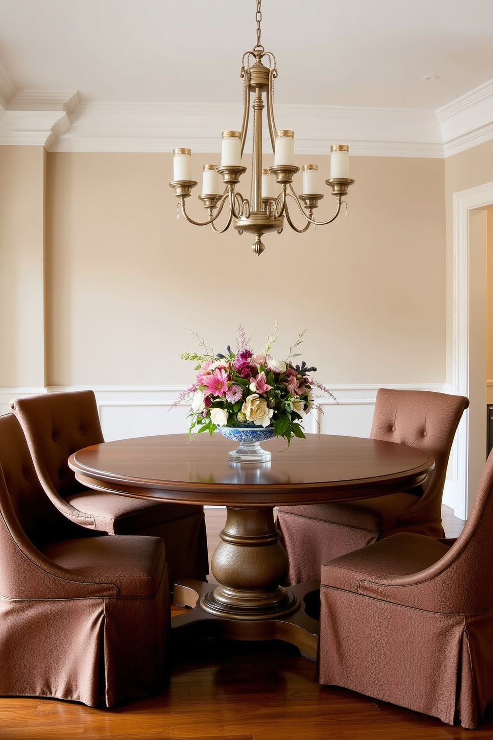 A traditional round dining table with a pedestal base is the centerpiece of the room. Surrounding the table are elegantly upholstered chairs in a rich fabric, creating a warm and inviting atmosphere. The walls are adorned with soft, neutral tones, complemented by a classic chandelier that hangs gracefully overhead. A beautiful centerpiece of seasonal flowers sits atop the table, enhancing the overall elegance of the dining space.