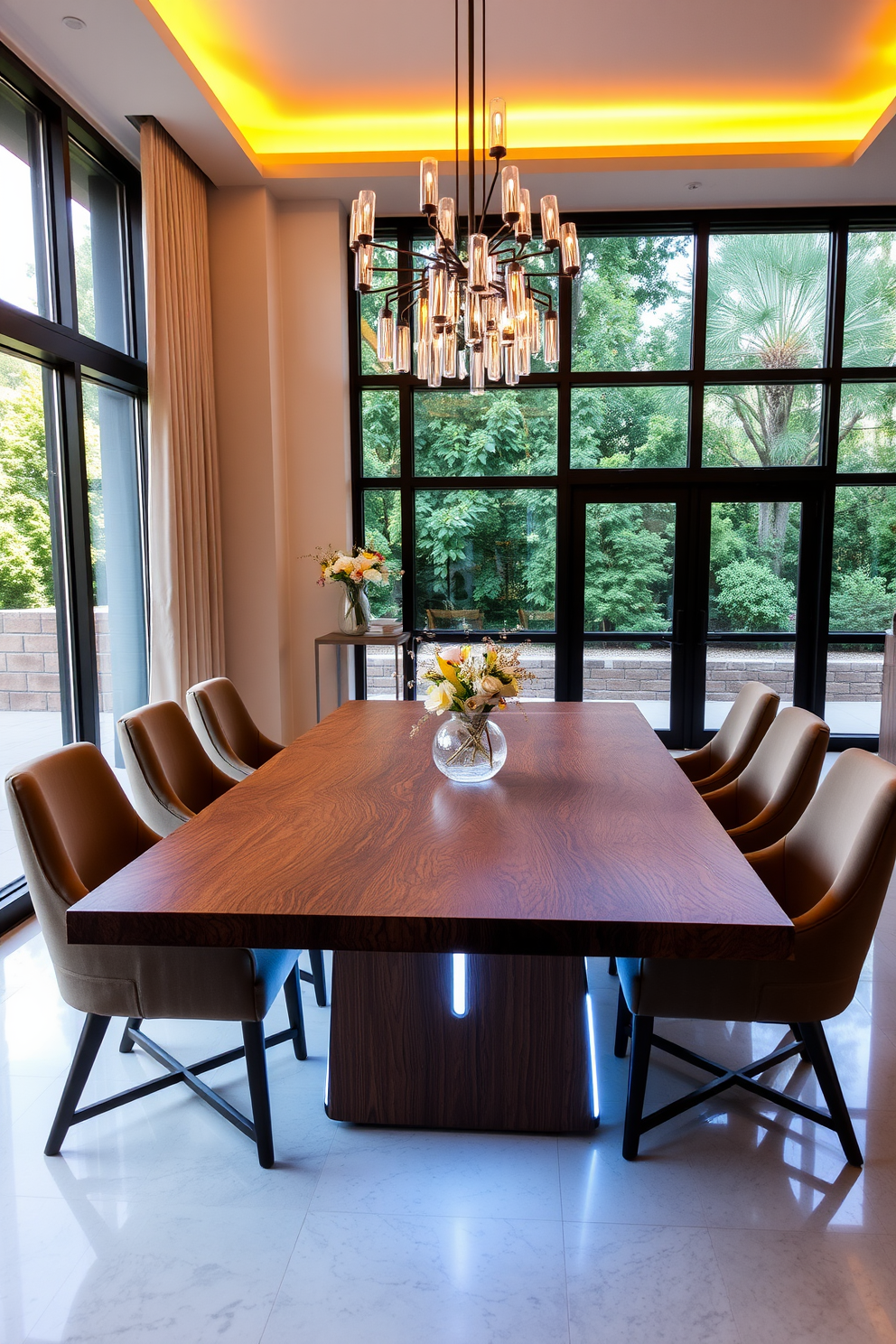 A stylish dining table features a sleek wooden surface with integrated LED lighting that highlights its elegant design. Surrounding the table are modern upholstered chairs in a complementary color, creating a warm and inviting atmosphere. The dining room is adorned with a statement chandelier that adds a touch of sophistication. Large windows allow natural light to flood the space, enhancing the overall aesthetic and creating a seamless connection with the outdoors.