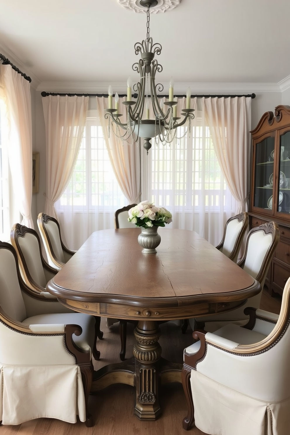 A vintage French country dining room features a beautifully weathered wooden table with intricate carvings and a rustic finish. Surrounding the table are elegant upholstered chairs in soft pastel colors, enhancing the charming and inviting atmosphere of the space. The room is adorned with soft, sheer curtains that allow natural light to filter through, creating a warm glow. A vintage chandelier hangs above the table, adding a touch of sophistication and completing the cozy, country-inspired dining experience.